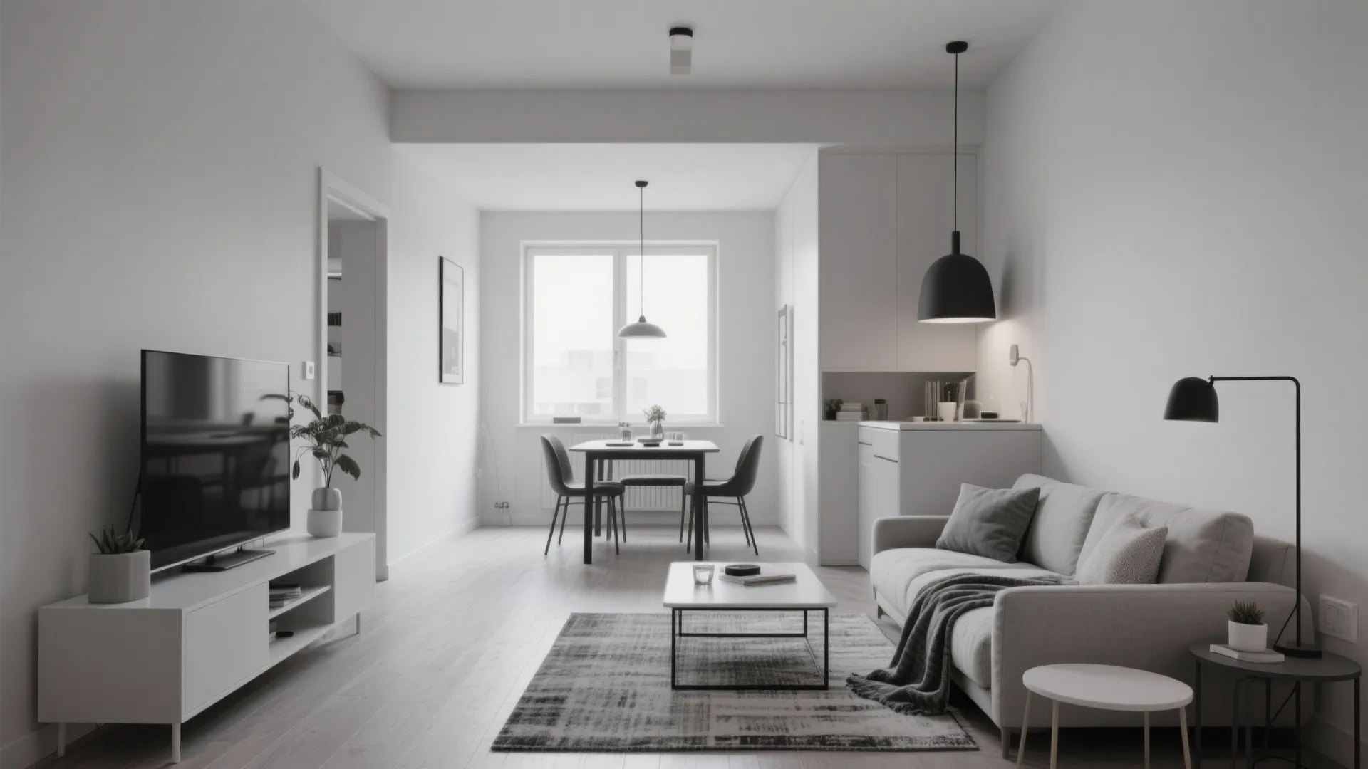 Modern minimalist white studio apartment with grey sofa wooden flooring black ceiling lights and dining area