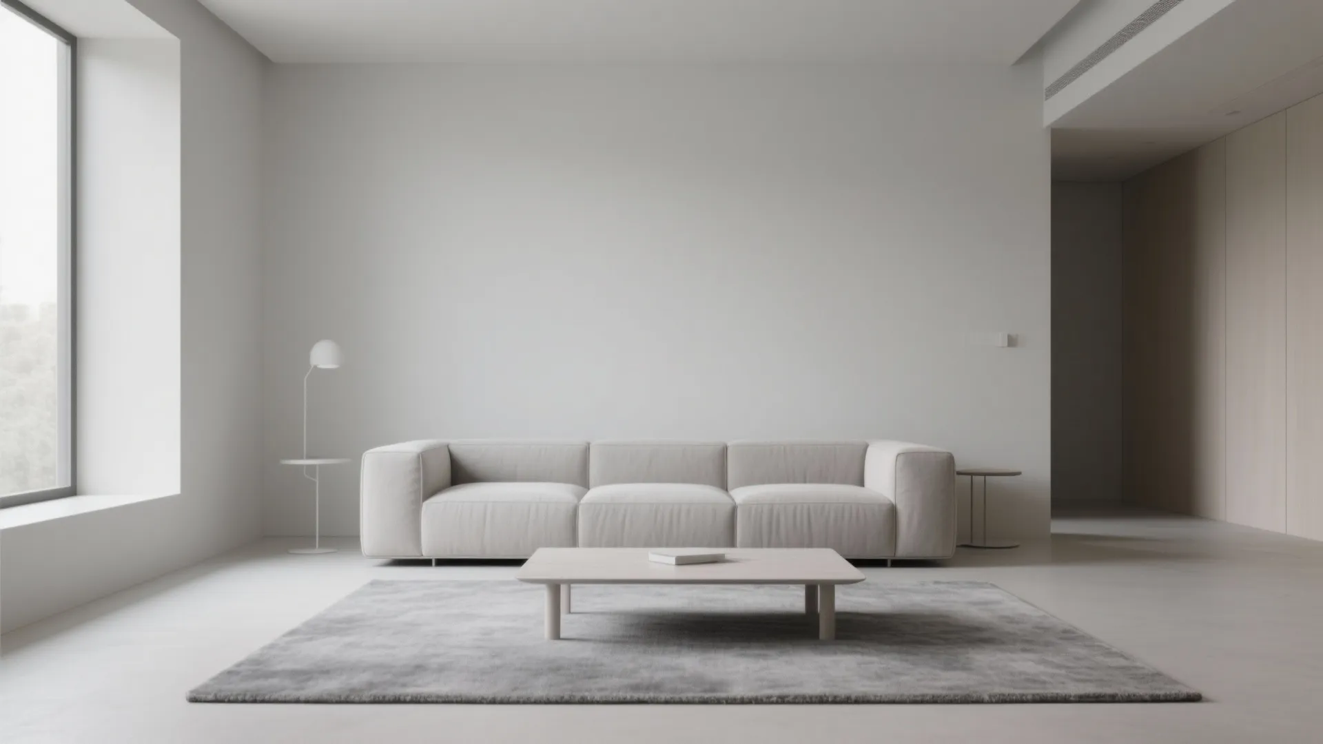 Minimalist living room featuring white sofa wooden coffee table grey rug floor lamp and window