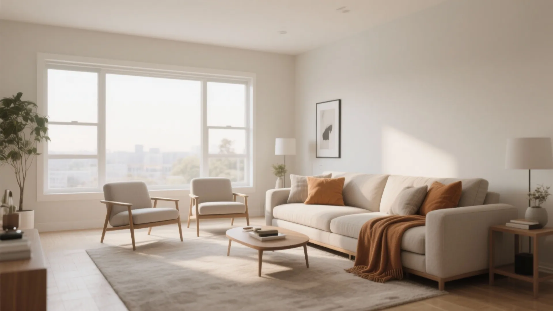 Minimalist living room with white sofa orange pillows two grey armchairs and a large window