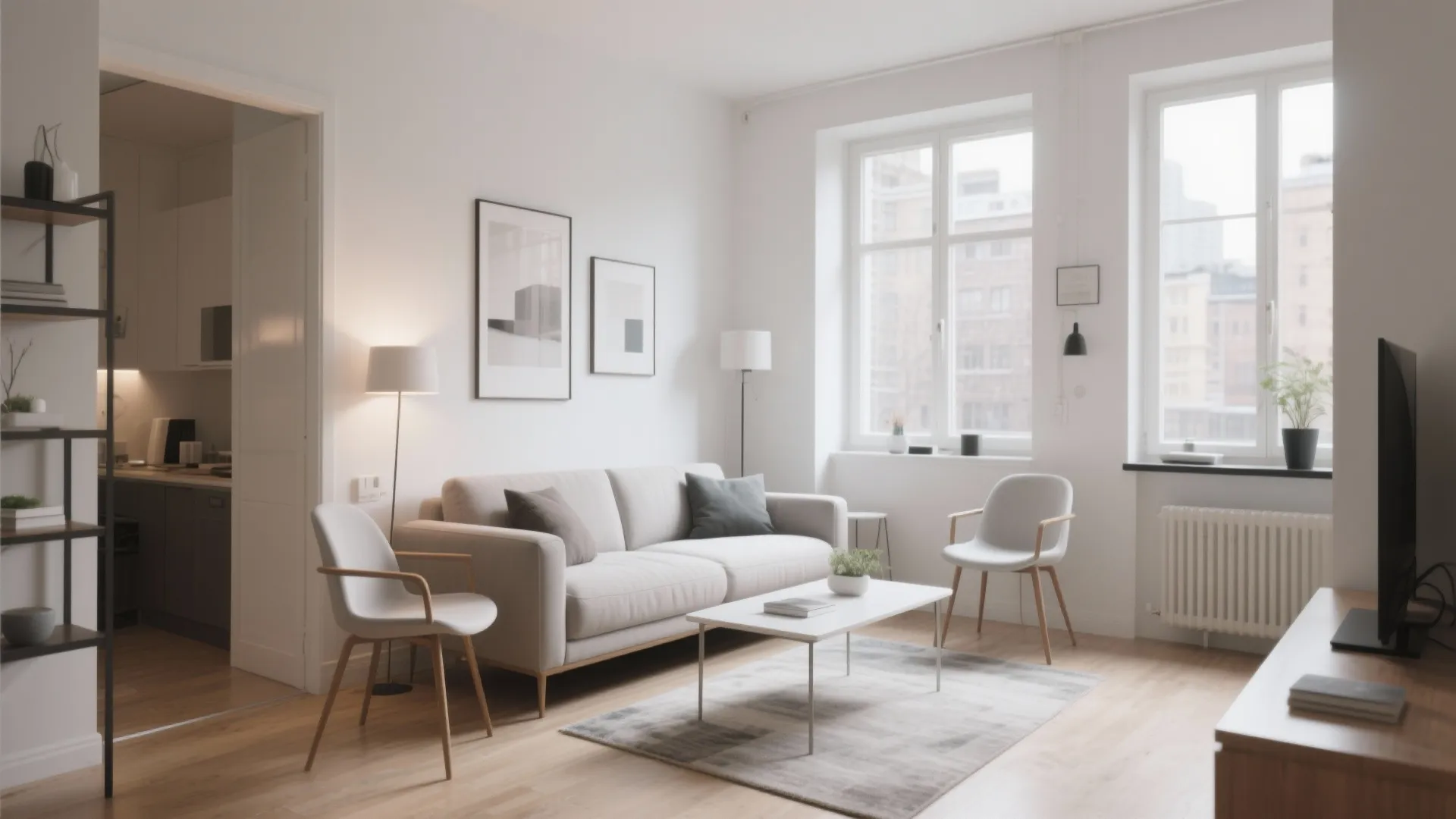 Minimalist living room with slim furniture and open space