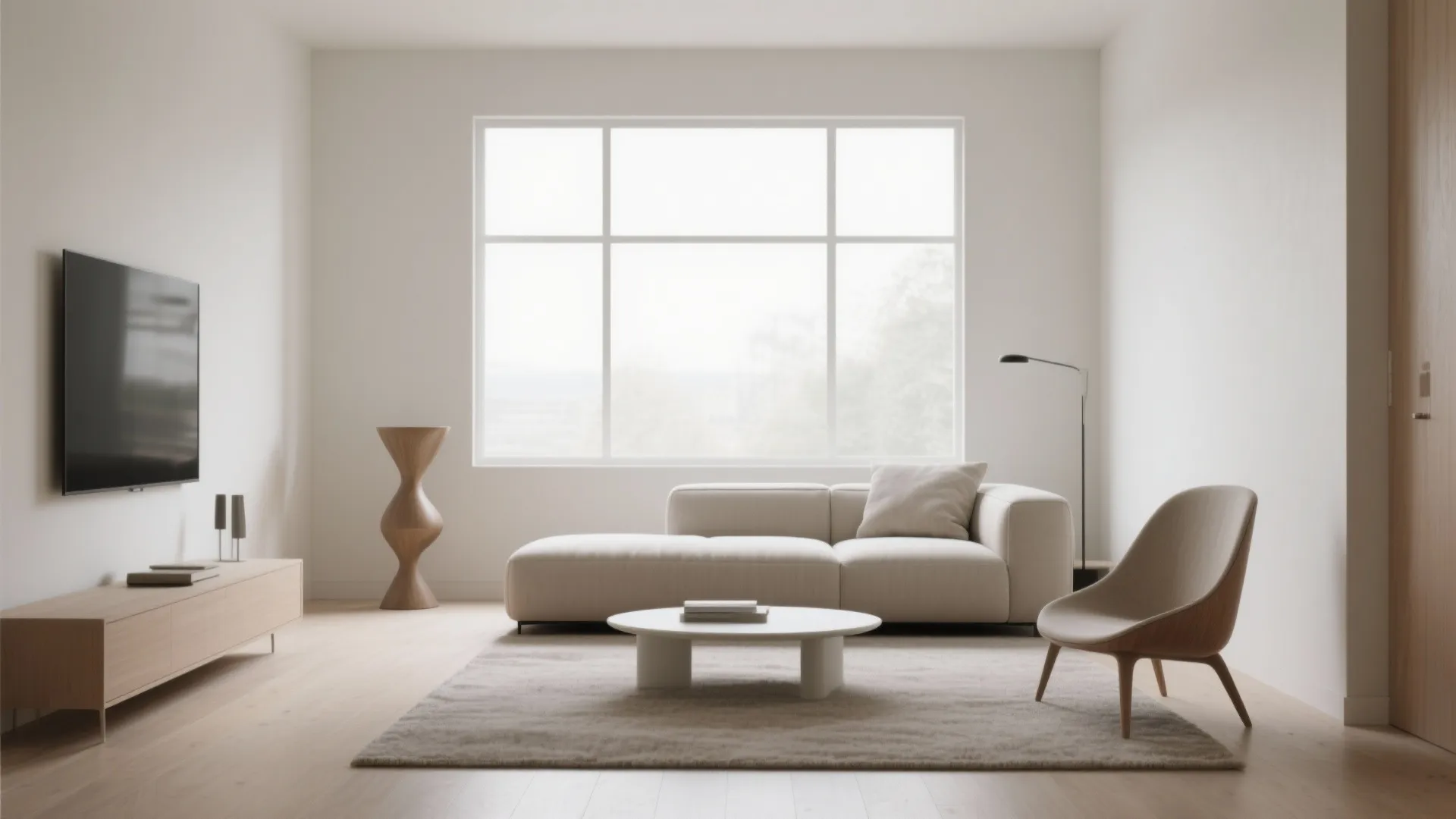 Minimalist living room design with cream sofa low coffee table television and large bright square window