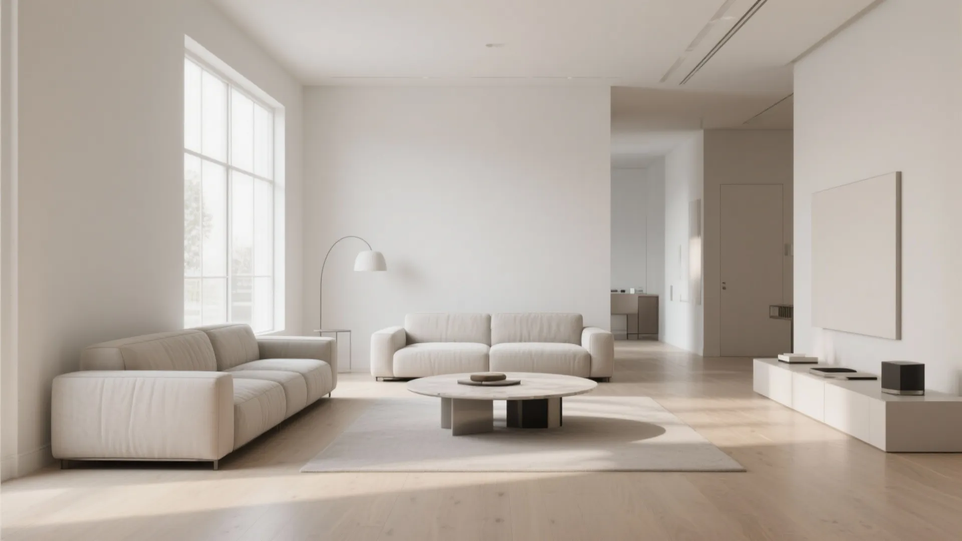 Minimalist white living room with light wood floors two beige sofas and a round table