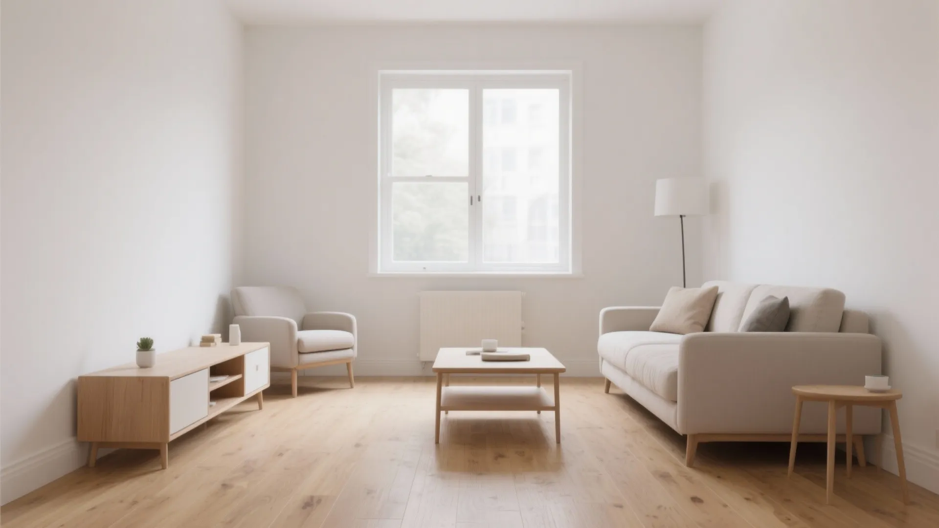 Minimalist living room layout with white walls wooden floor sofa coffee table and a large window