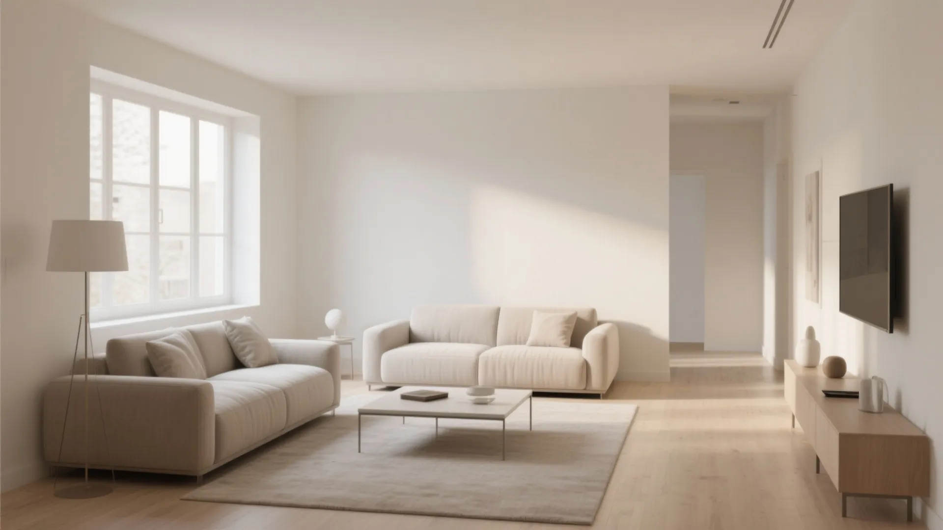 Bright minimalist living room with white walls two beige sofas wooden cabinet and large square windows