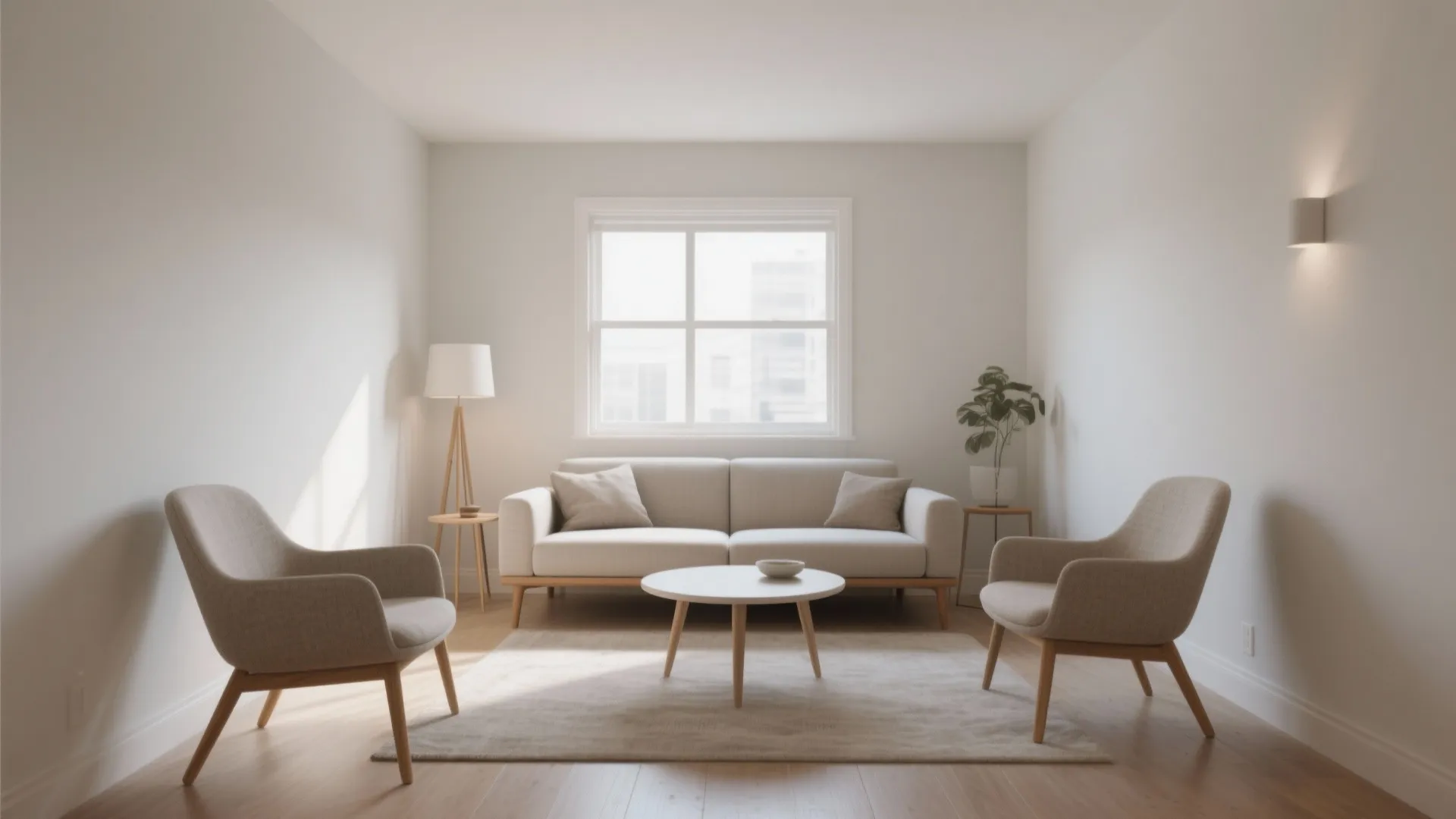 Minimalist white living room with beige sofa two armchairs round coffee table and floor lamp