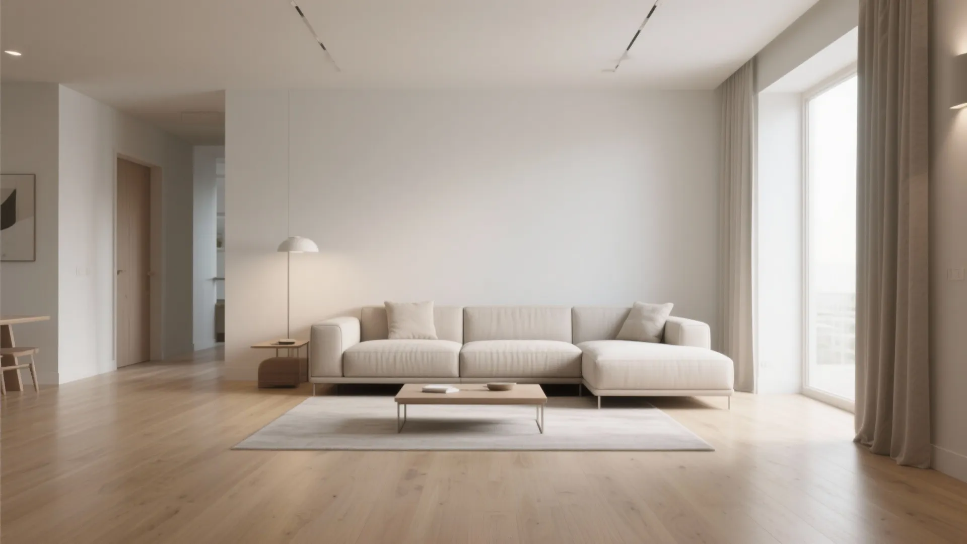 Minimalist living room with beige sofa wooden floor large window white walls and simple coffee table