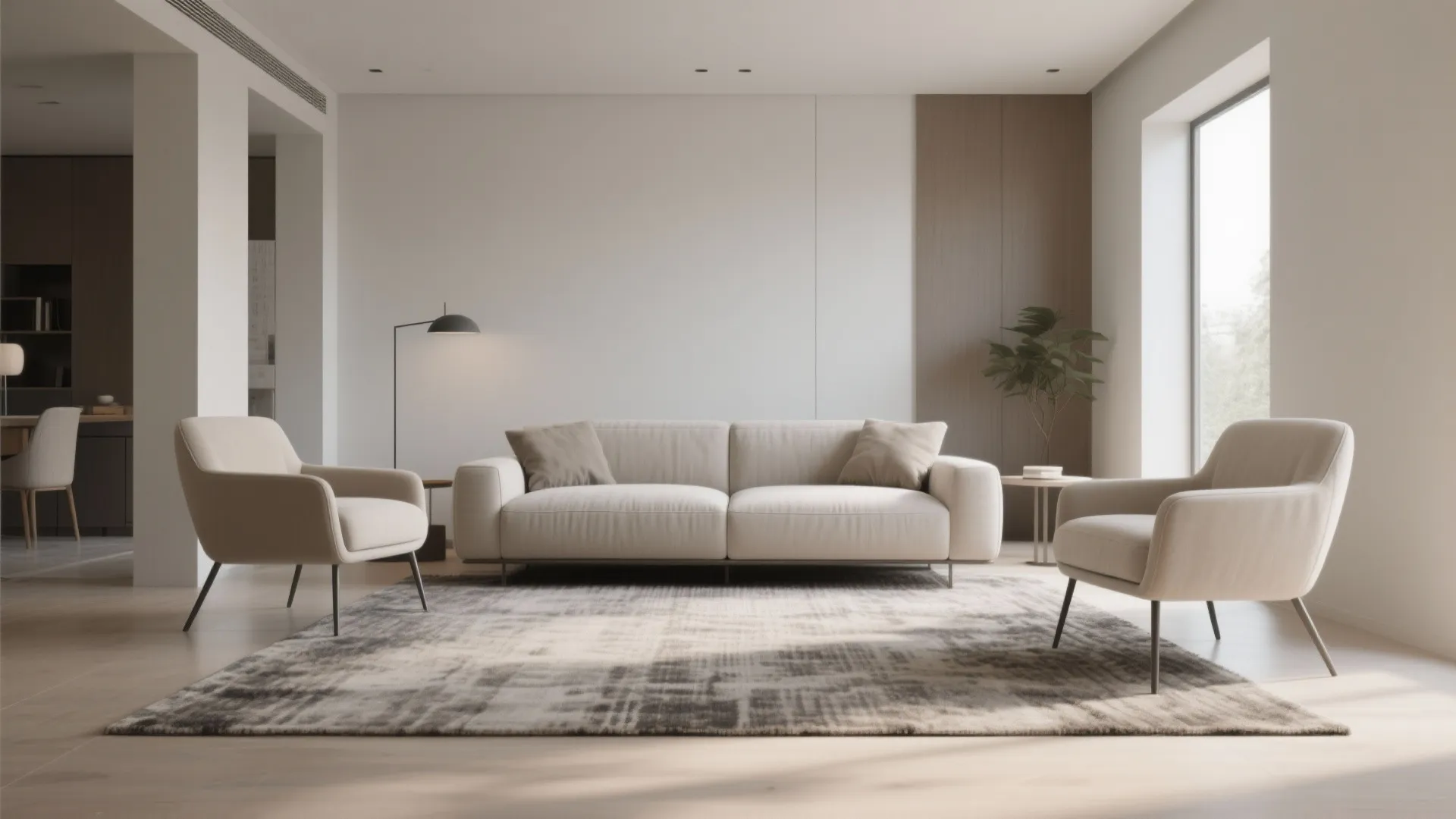 Minimalist living room with a beige sofa two chairs a grey rug and natural light