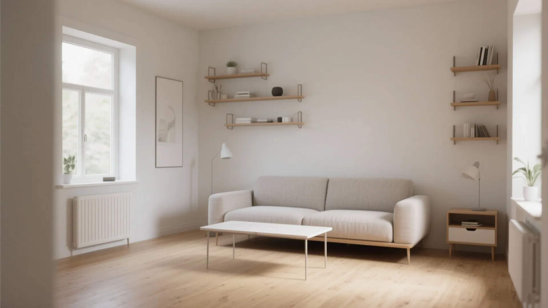 Minimalist living room with a light grey sofa white coffee table and wooden wall shelves