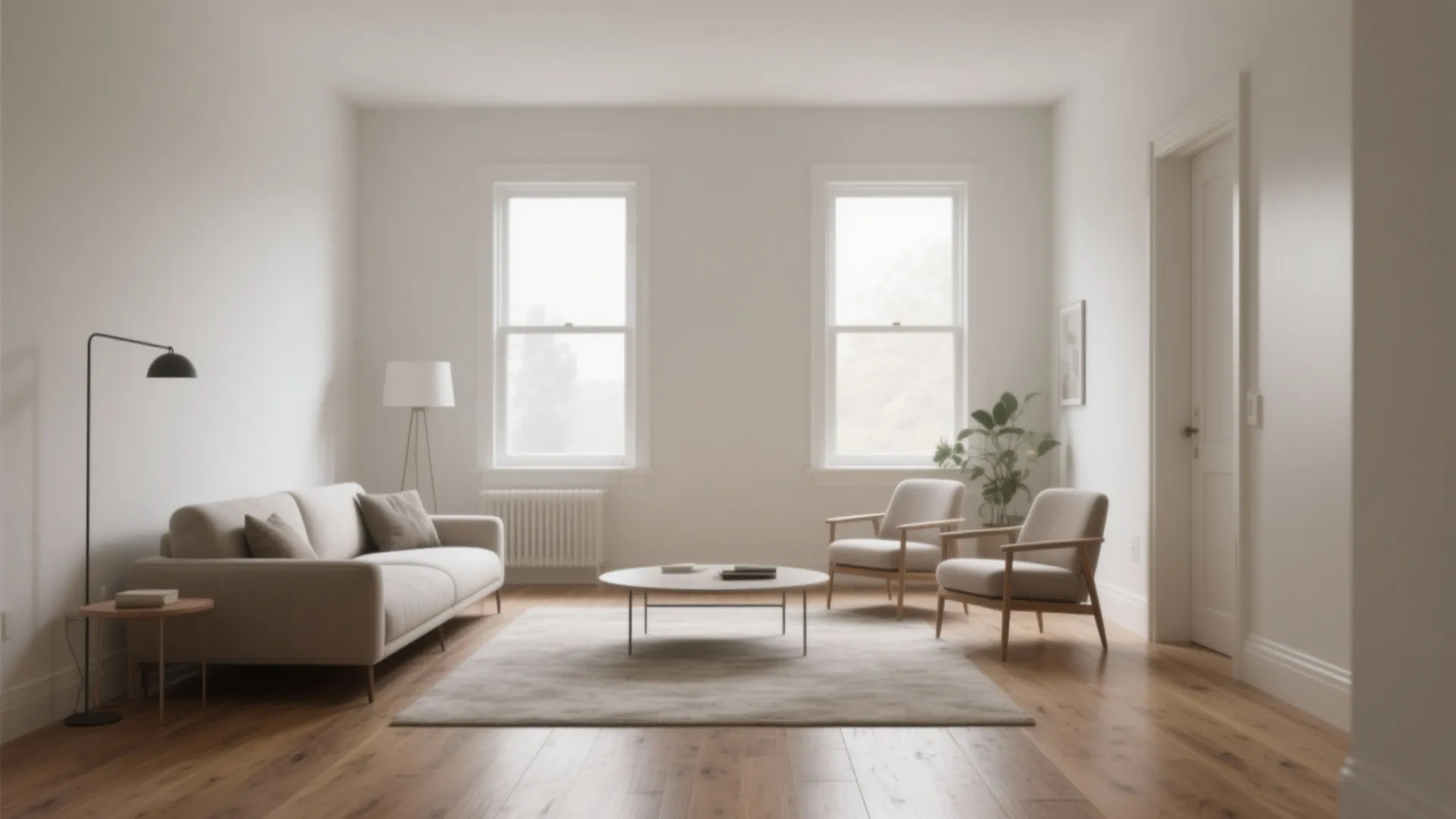 Minimalist living room interior with beige sofa two armchairs round coffee table and two tall windows