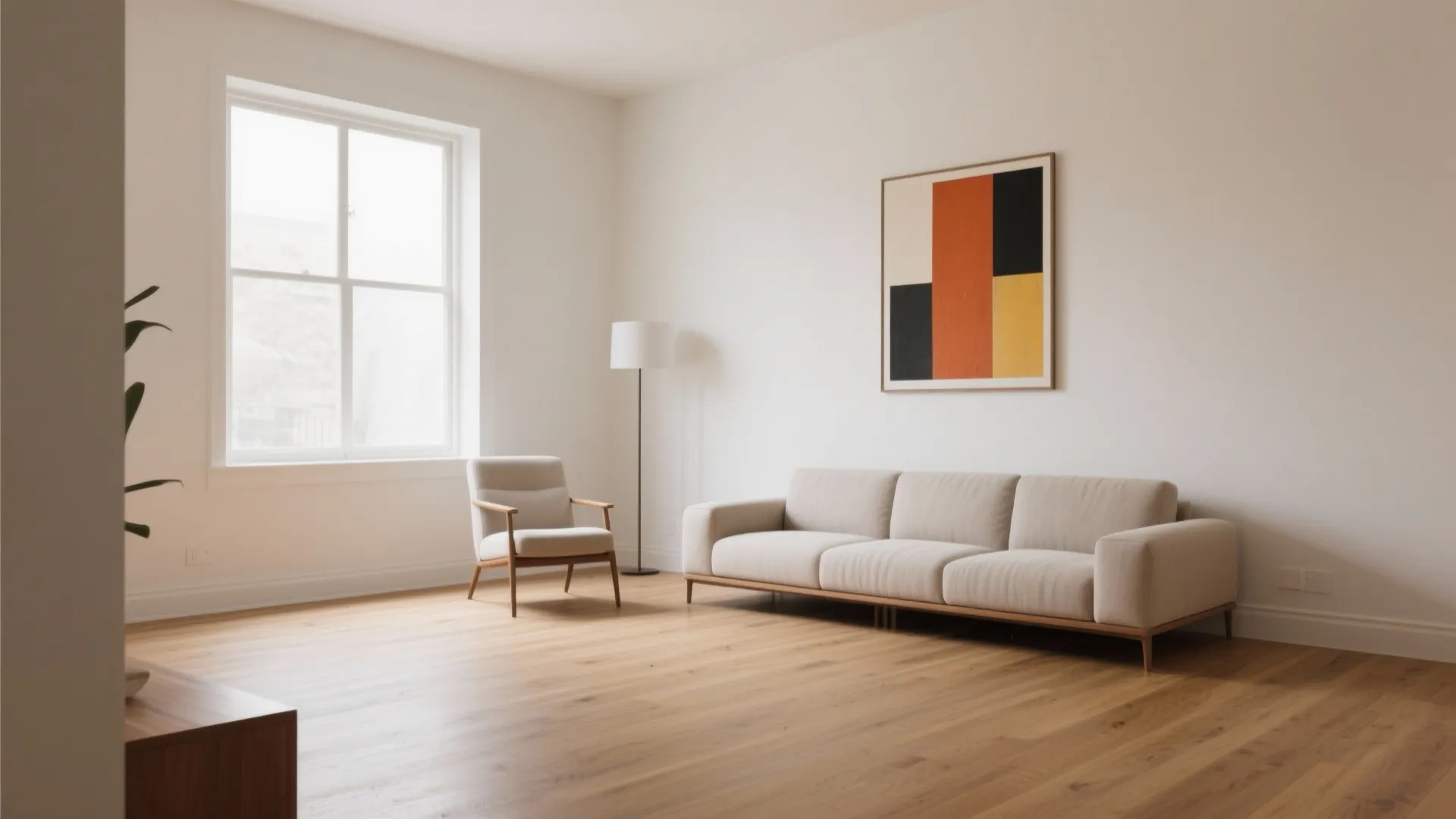 Minimalist white living room featuring a beige sofa wooden floor floor lamp and abstract wall art