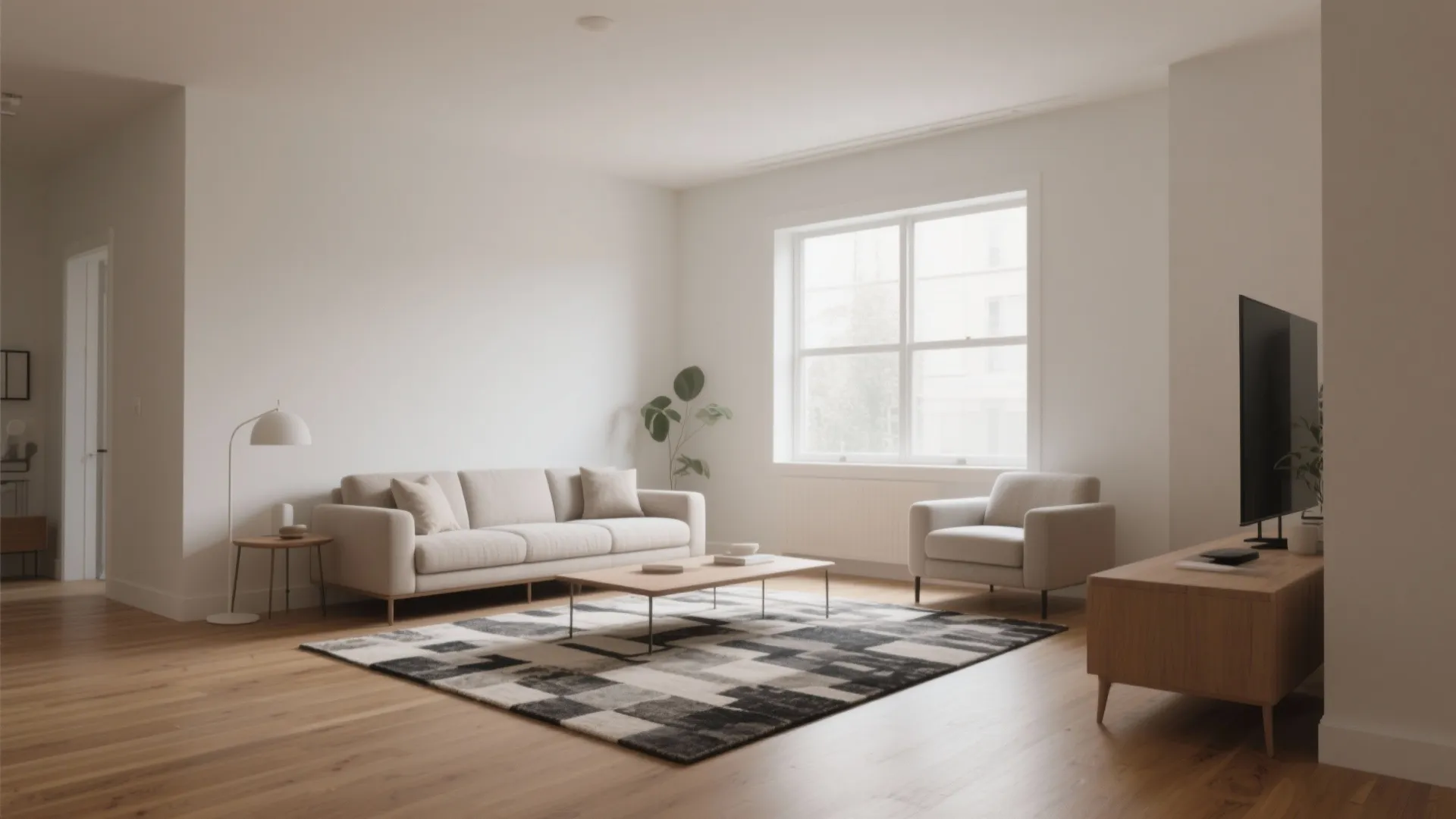 Minimalist living room with white walls light sofa armchair black rug and wood television cabinet