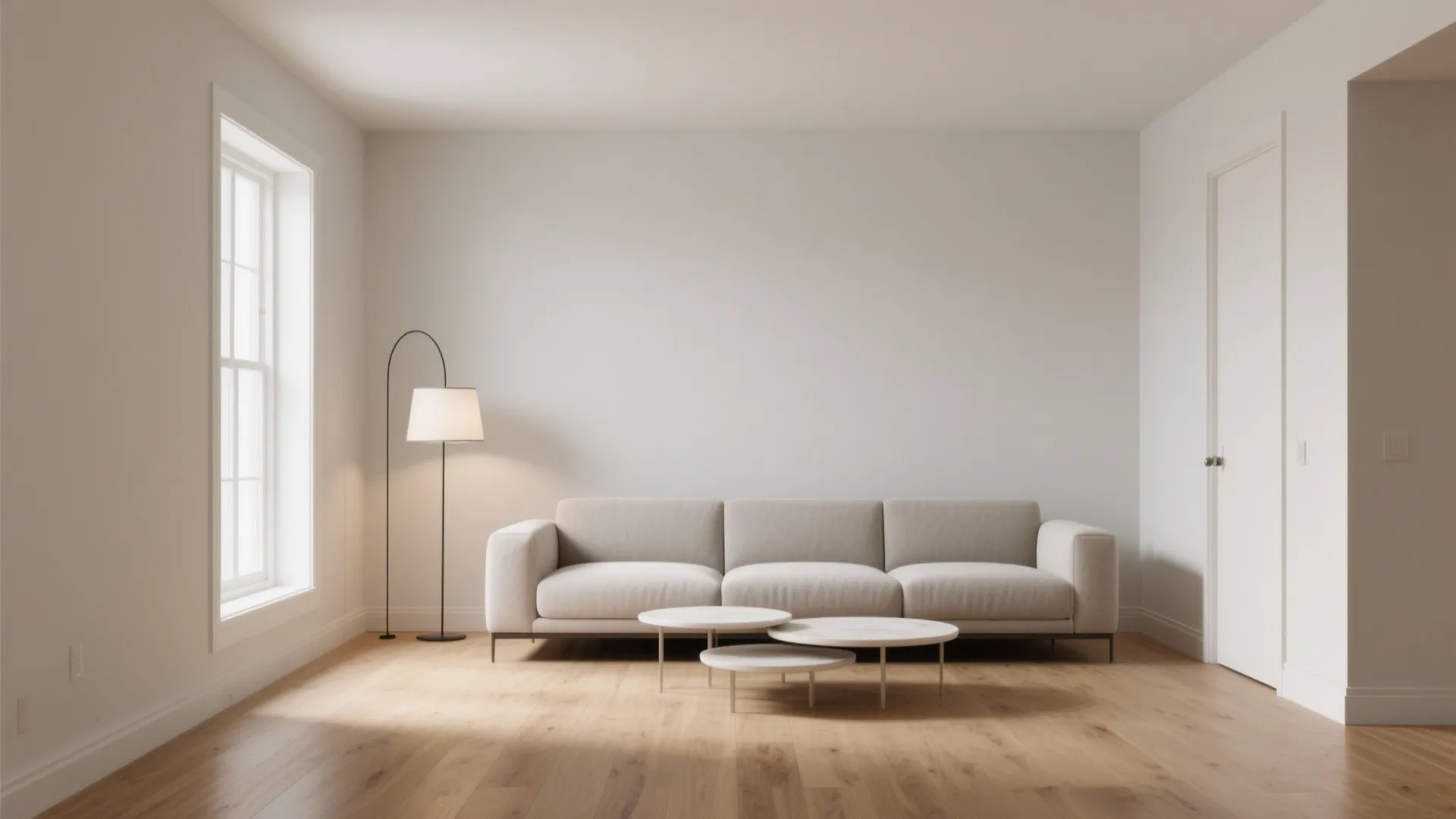 Minimalist living room with grey sofa three round coffee tables tall lamp and wooden floor