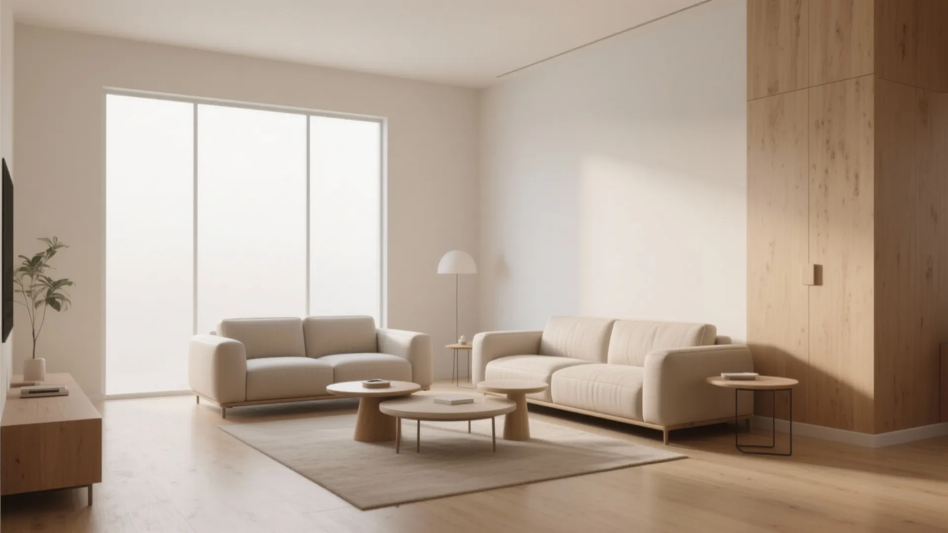 Simple minimalist living room with two beige sofas wooden wall panel and round coffee tables design