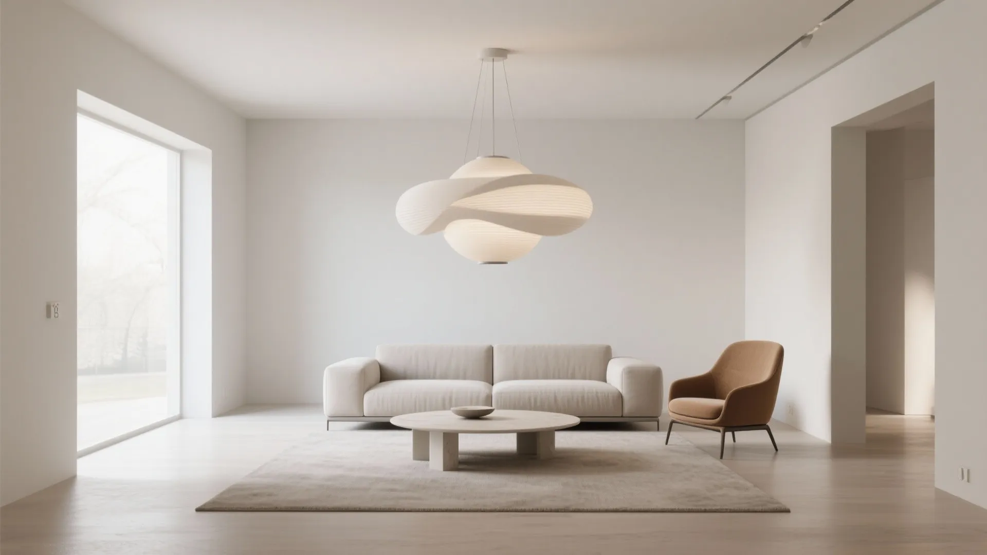 Modern white living room with cream sofa brown armchair wooden coffee table and unique ceiling light