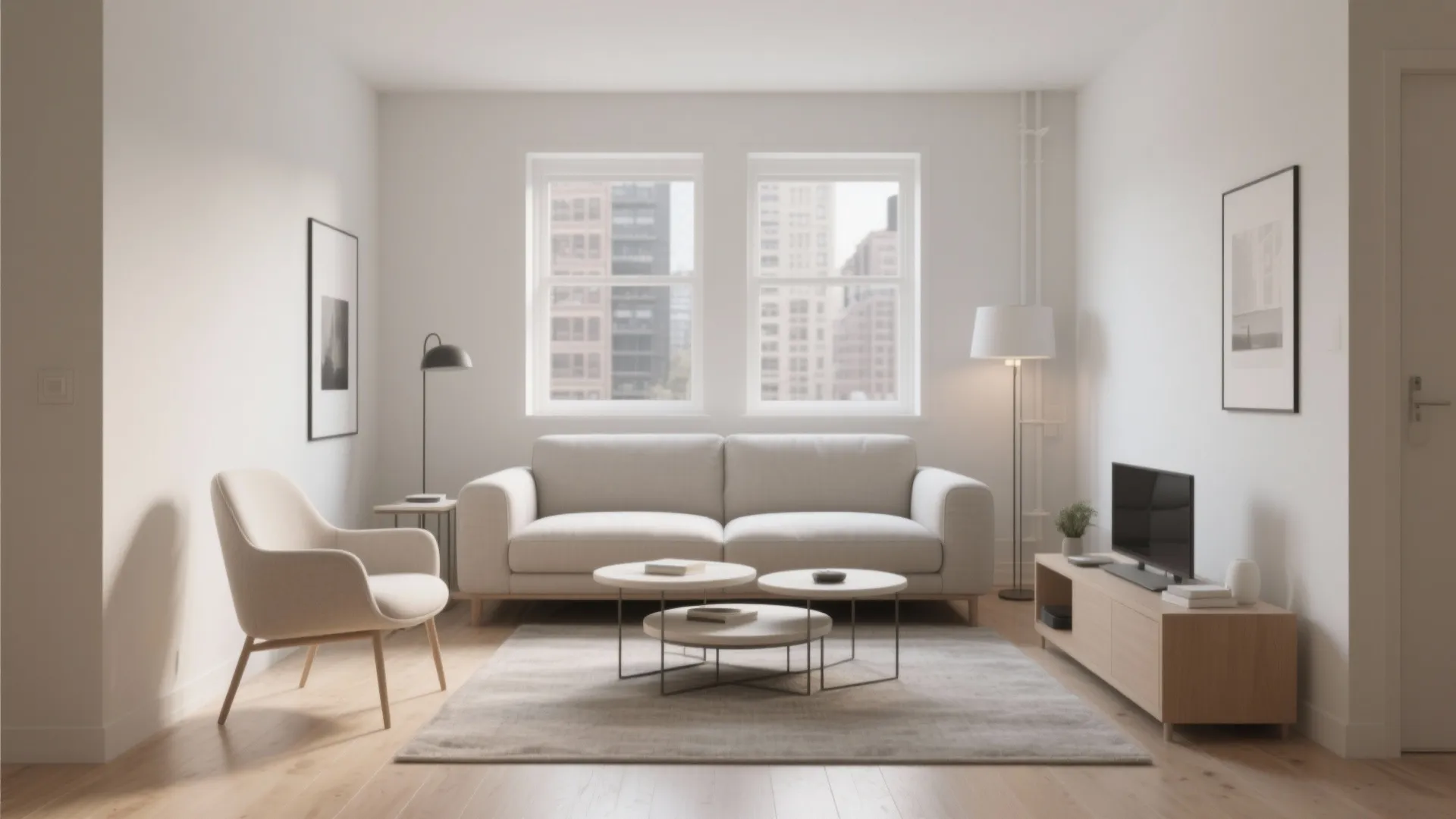 Minimalist living room with white sofa, cream armchair, round coffee tables, and large bright windows