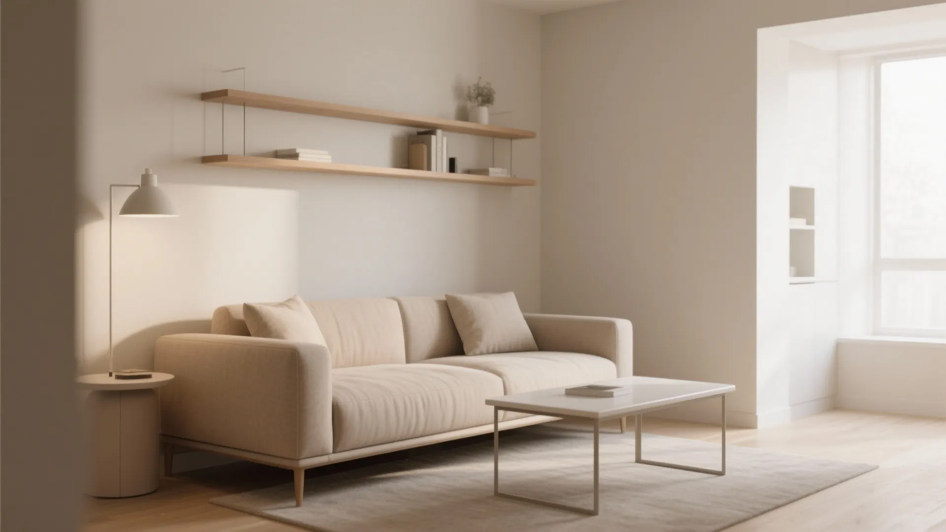 Minimalist living room design with cream sofa wooden shelves floor lamp white table and large window