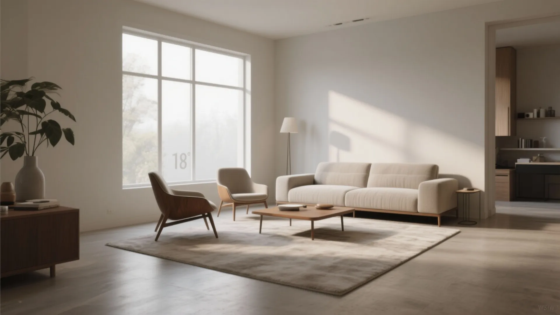 Minimalist living room with beige sofa two chairs wooden coffee table and large bright windows