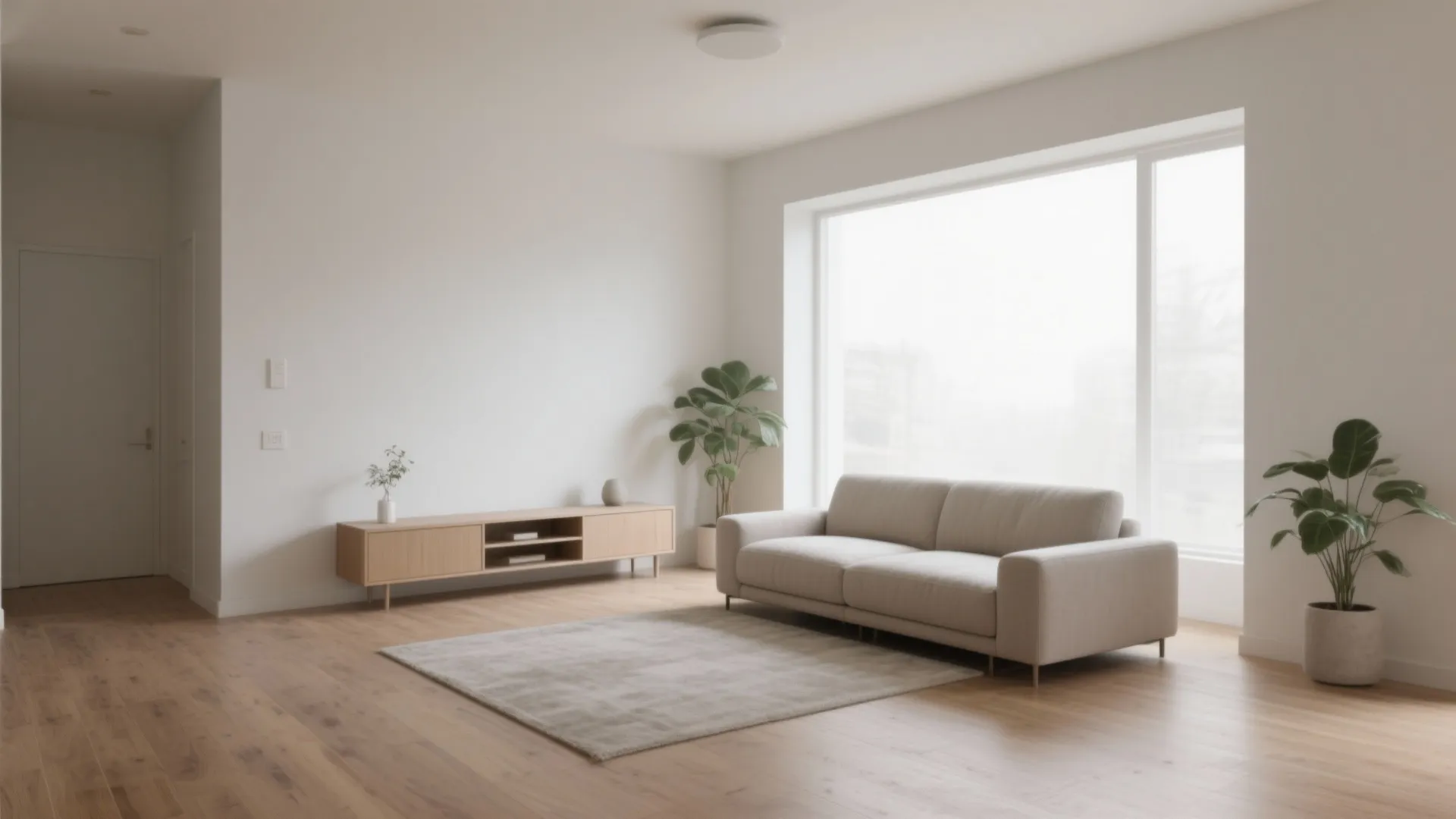 Minimalist living room with beige sofa wood flooring white walls green plants and natural light