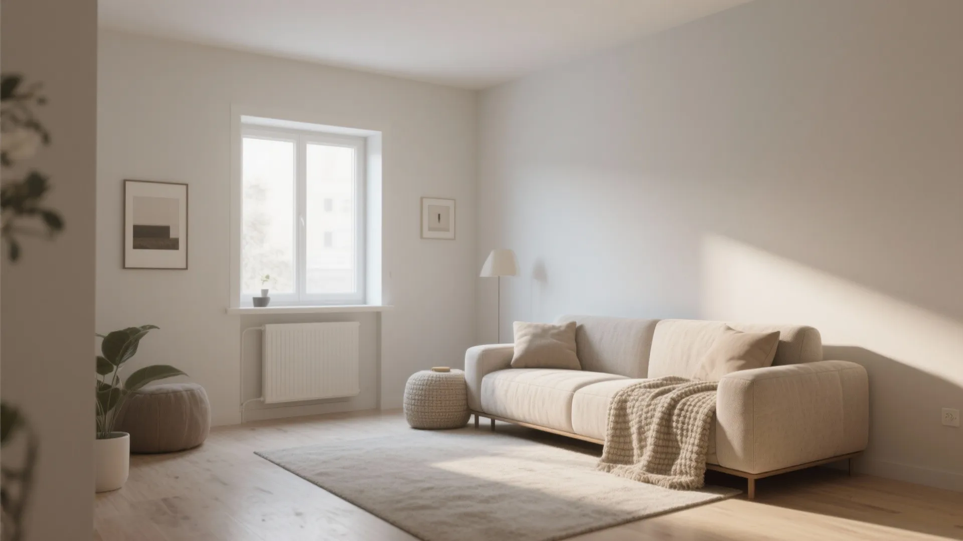 Minimalist living room with bright open space and cozy textures
