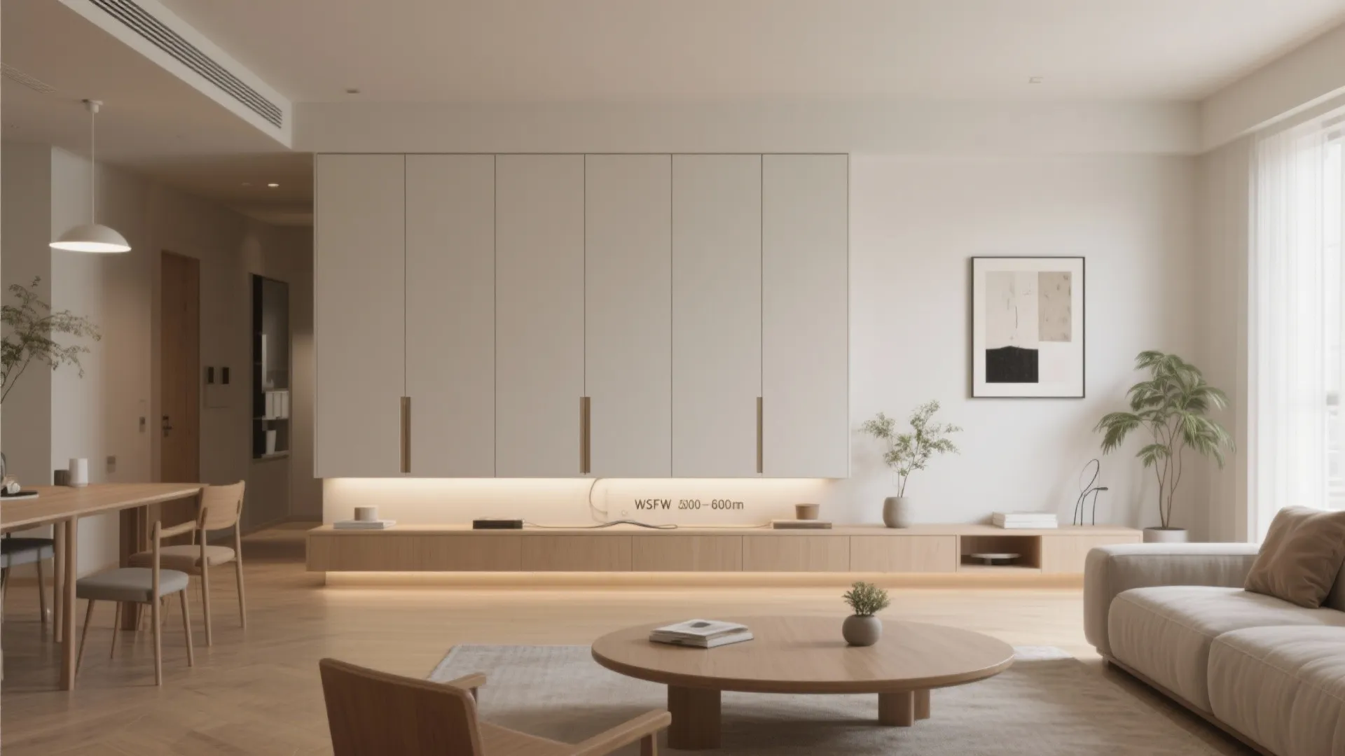 Minimalist storage zoning in the living–dining core