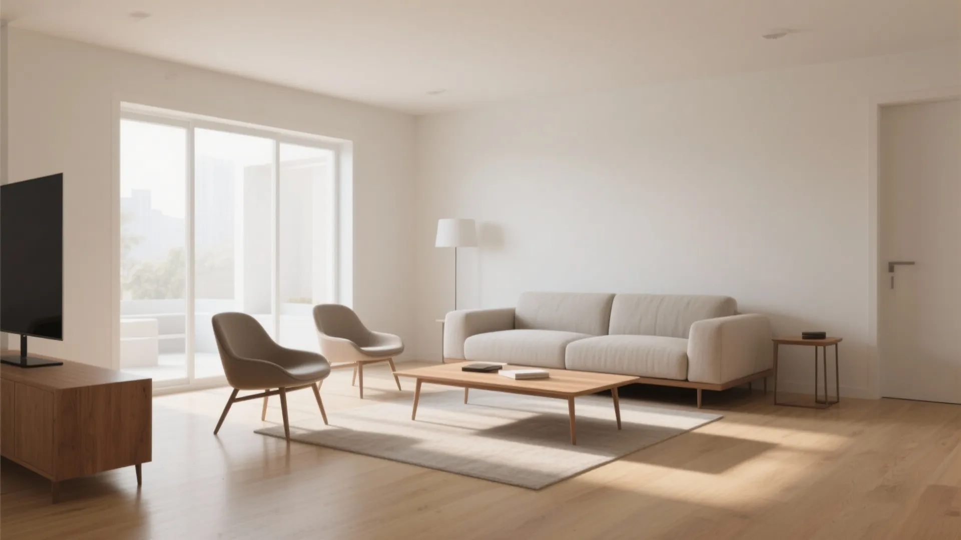 Minimalist living room layout with beige sofa two armchairs wooden coffee table and glass doors