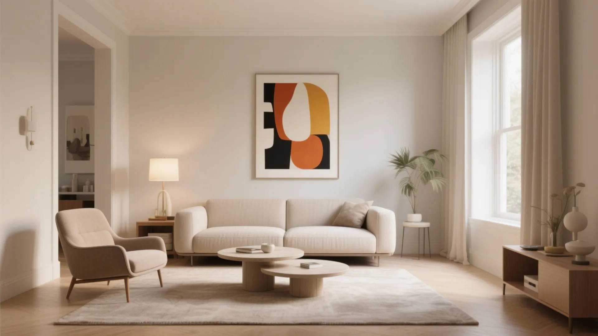 Modern minimalist living room featuring beige sofa armchair colorful wall art and round wood coffee tables