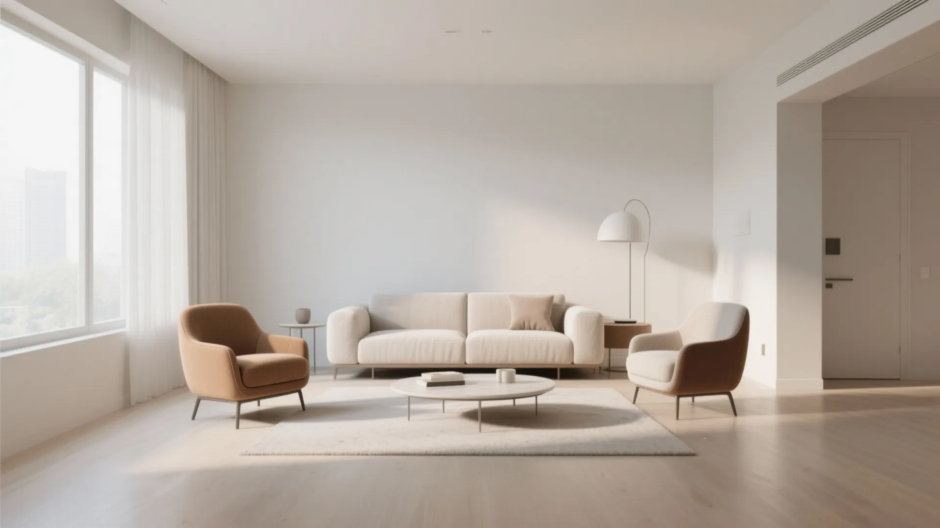 Minimalist living room with white walls cream sofa two armchairs coffee table and floor lamp
