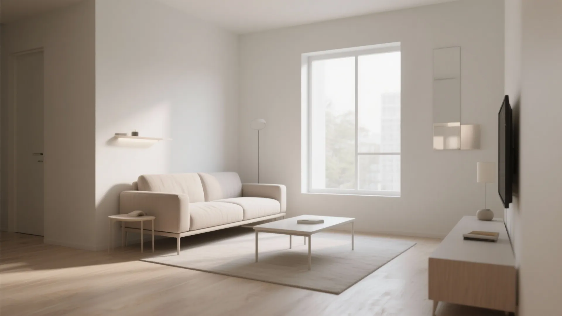 Minimalist white living room with cream sofa coffee table wood floor large window and natural light