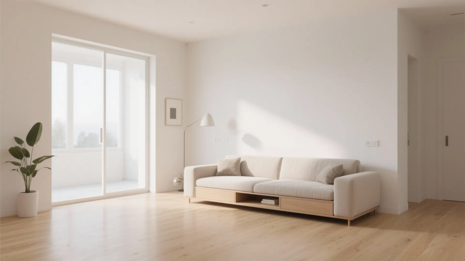 Minimalist living room with white sofa potted plant sliding glass door wooden floor and walls