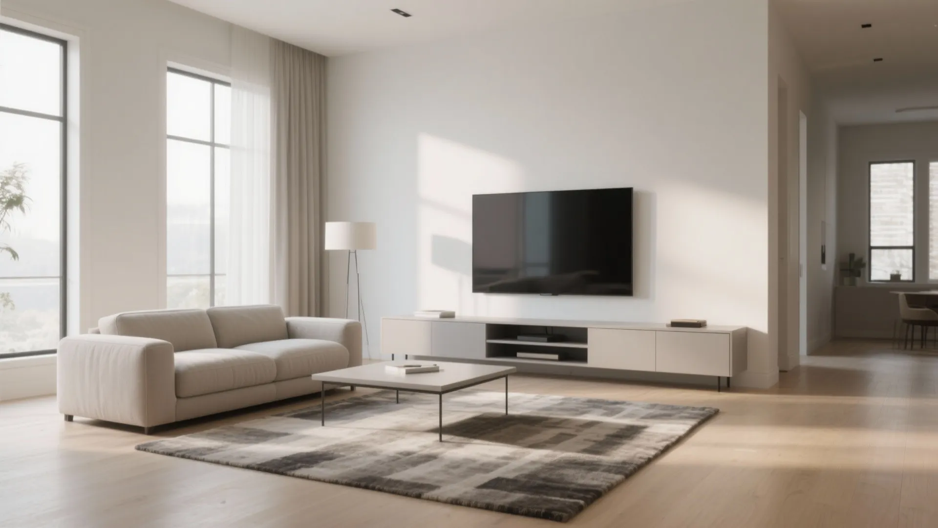 Minimalist living room with beige sofa grey rug white walls large windows and wall television