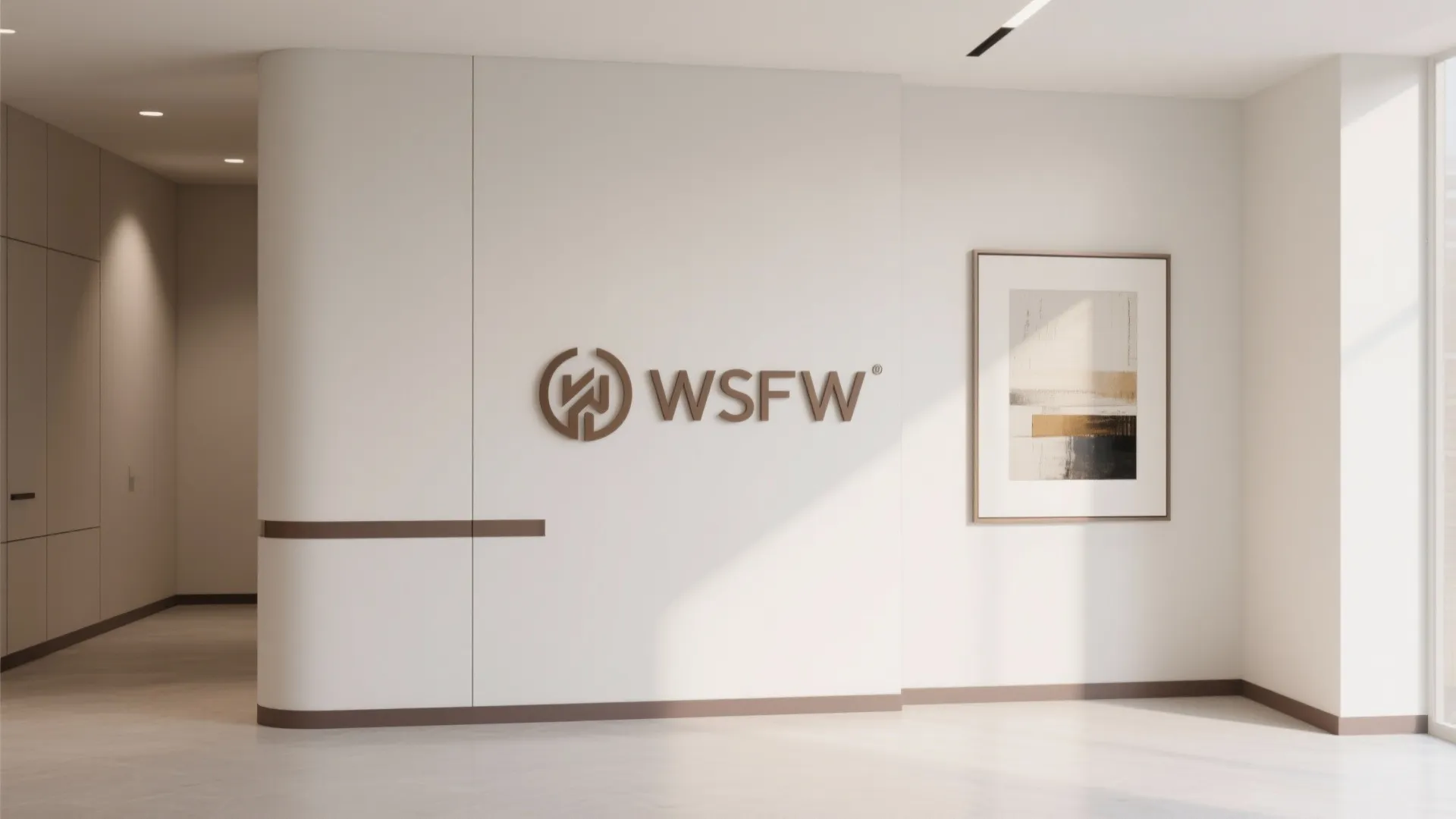 Minimalist white lobby with brand logo on wall a painting and soft natural indoor lighting
