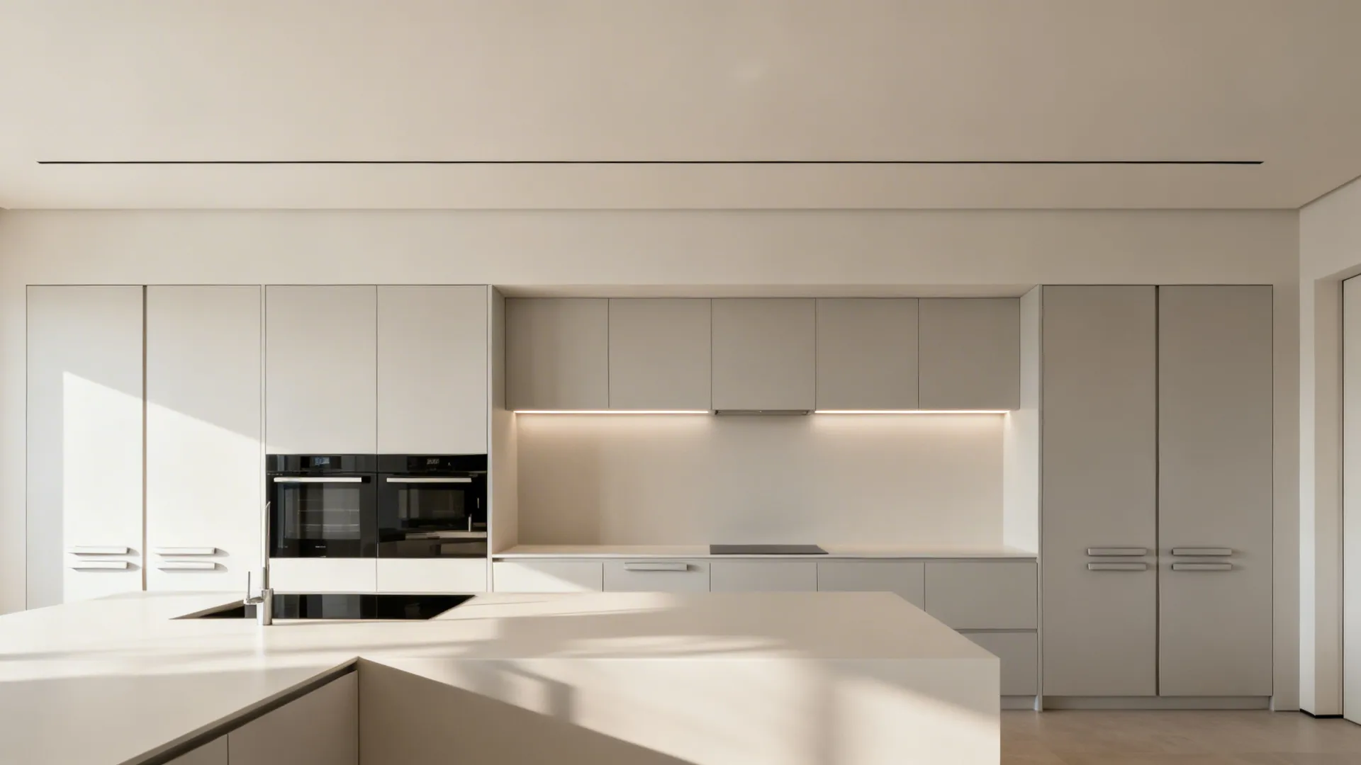 Minimalist modular kitchen with matte handleless cabinets and a seamless loft line.