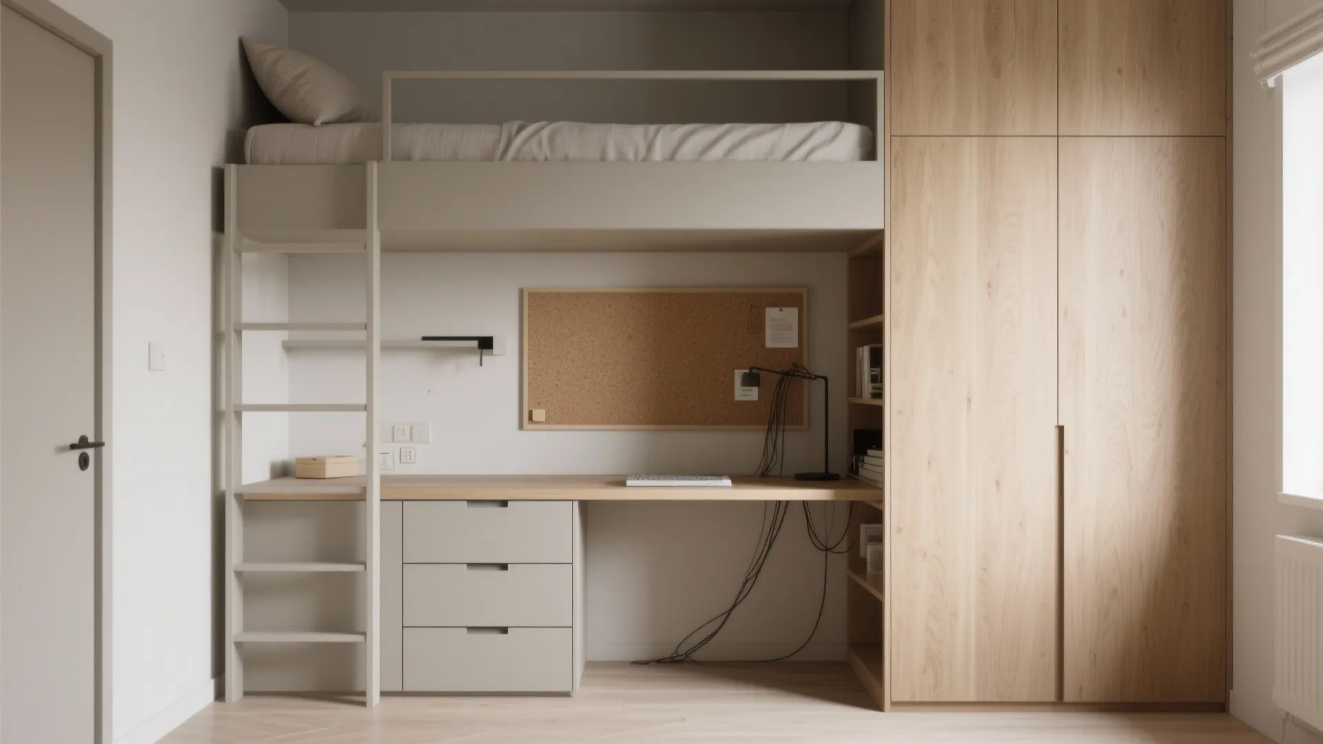 Minimalist loft bed with desk featuring closed storage and matte cabinet fronts.
