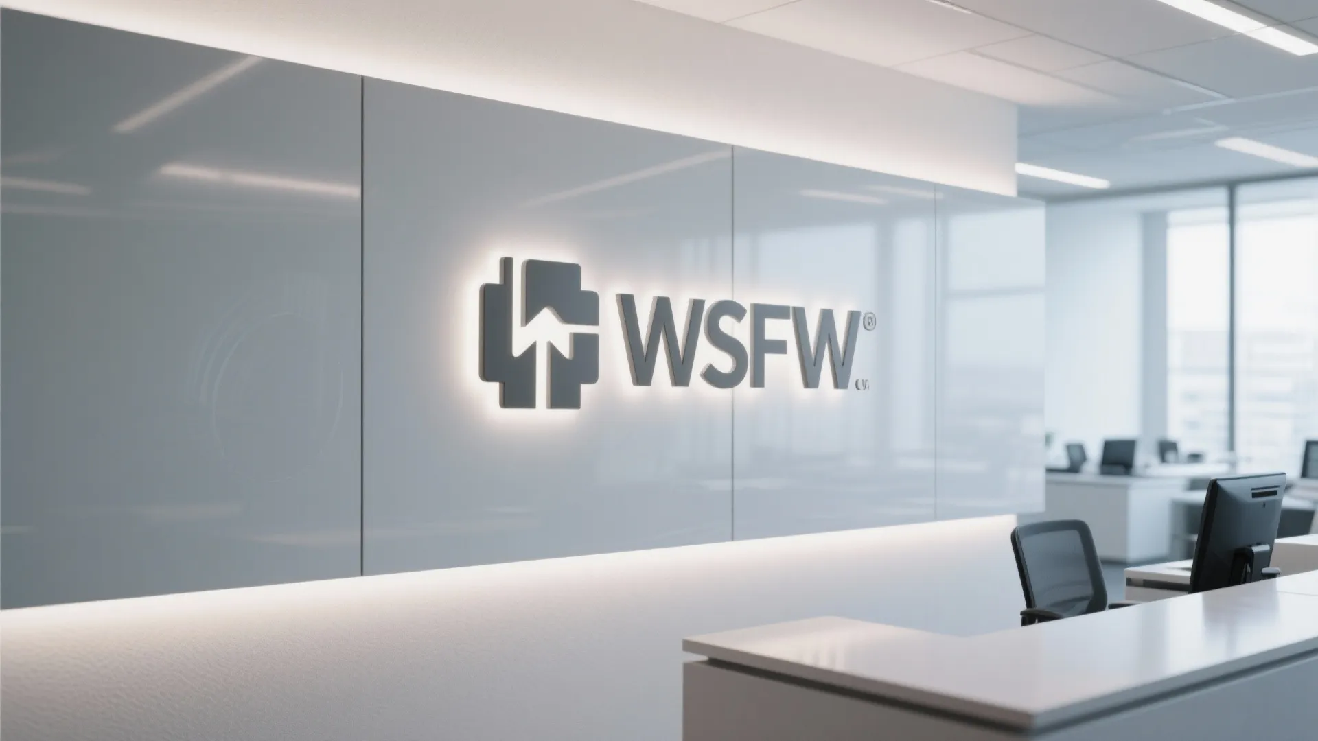 Modern white office reception area featuring a backlit logo on grey wall panel with desk
