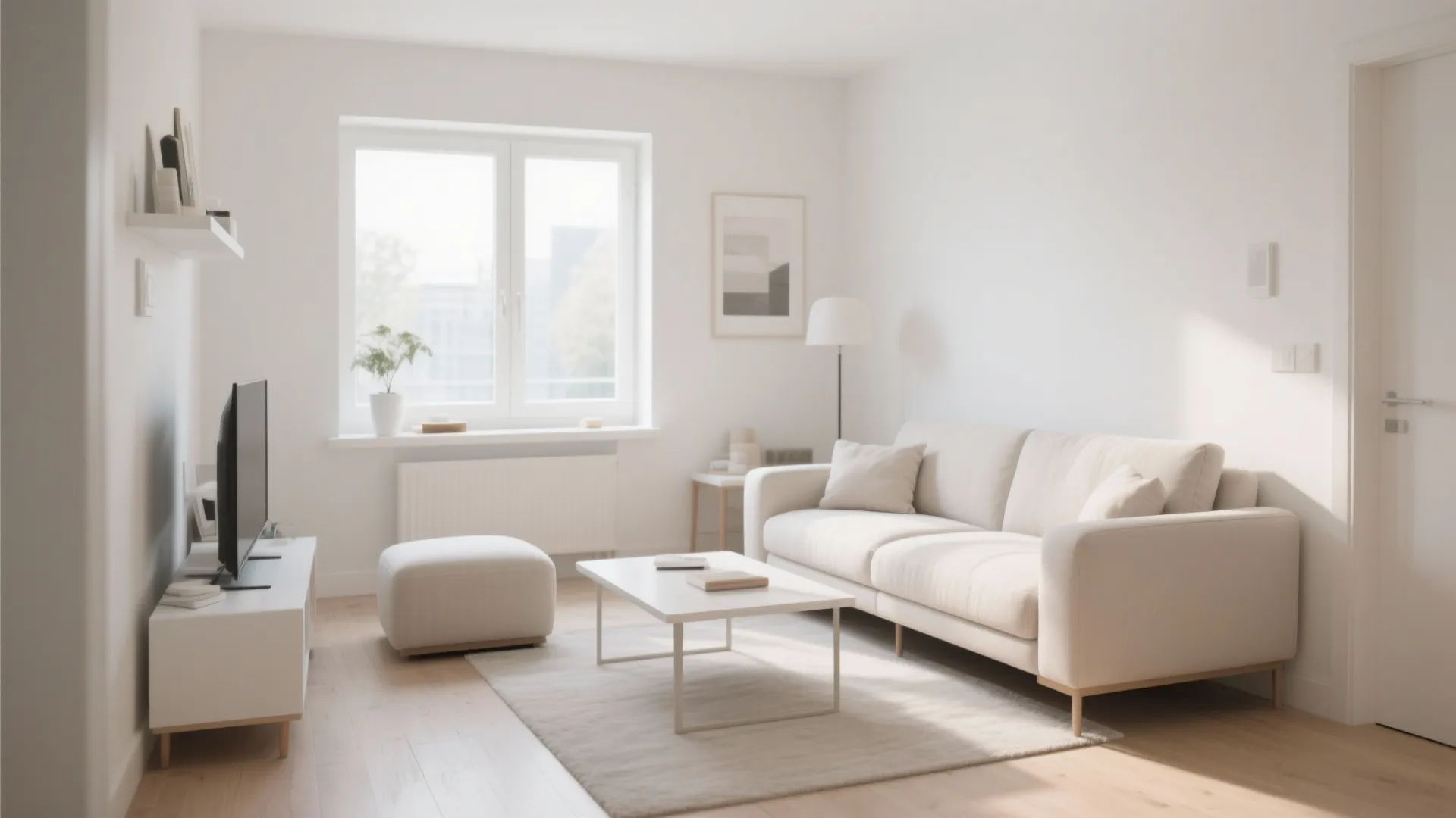Minimalist white living room showing a comfortable sofa, footrest, coffee table, television, and large window