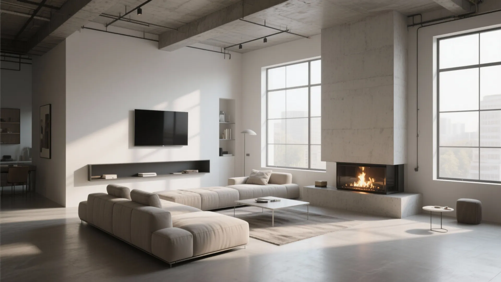 1. Minimalist Sectional with Low-Profile Fireplace