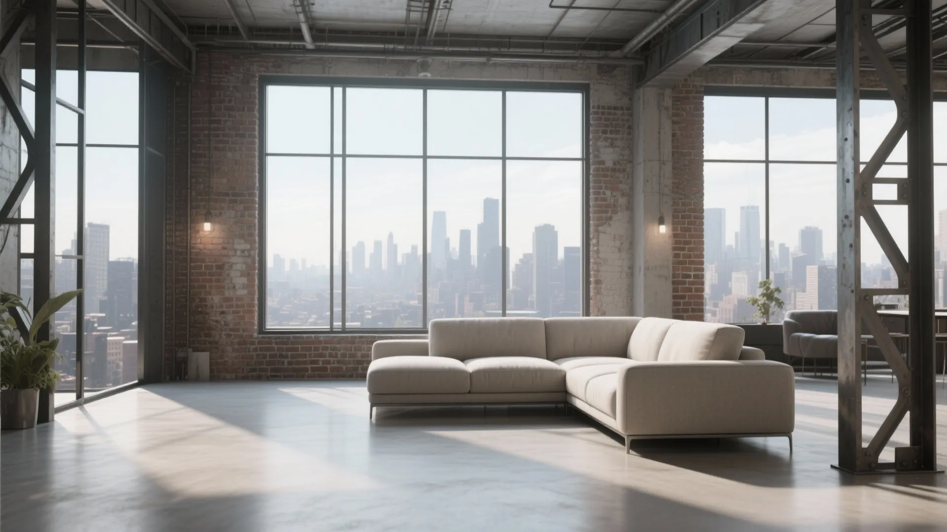 Low-profile minimalist couch in loft with city view