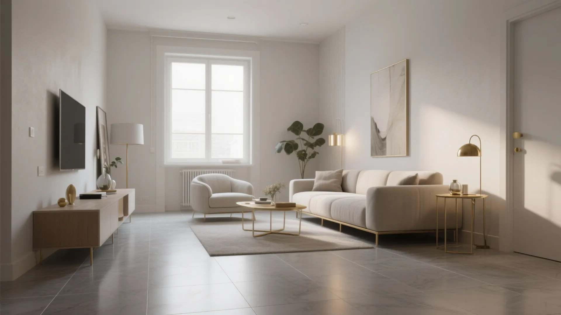 Bright minimalist living room with white sofa grey marble floor and gold floor light fixture