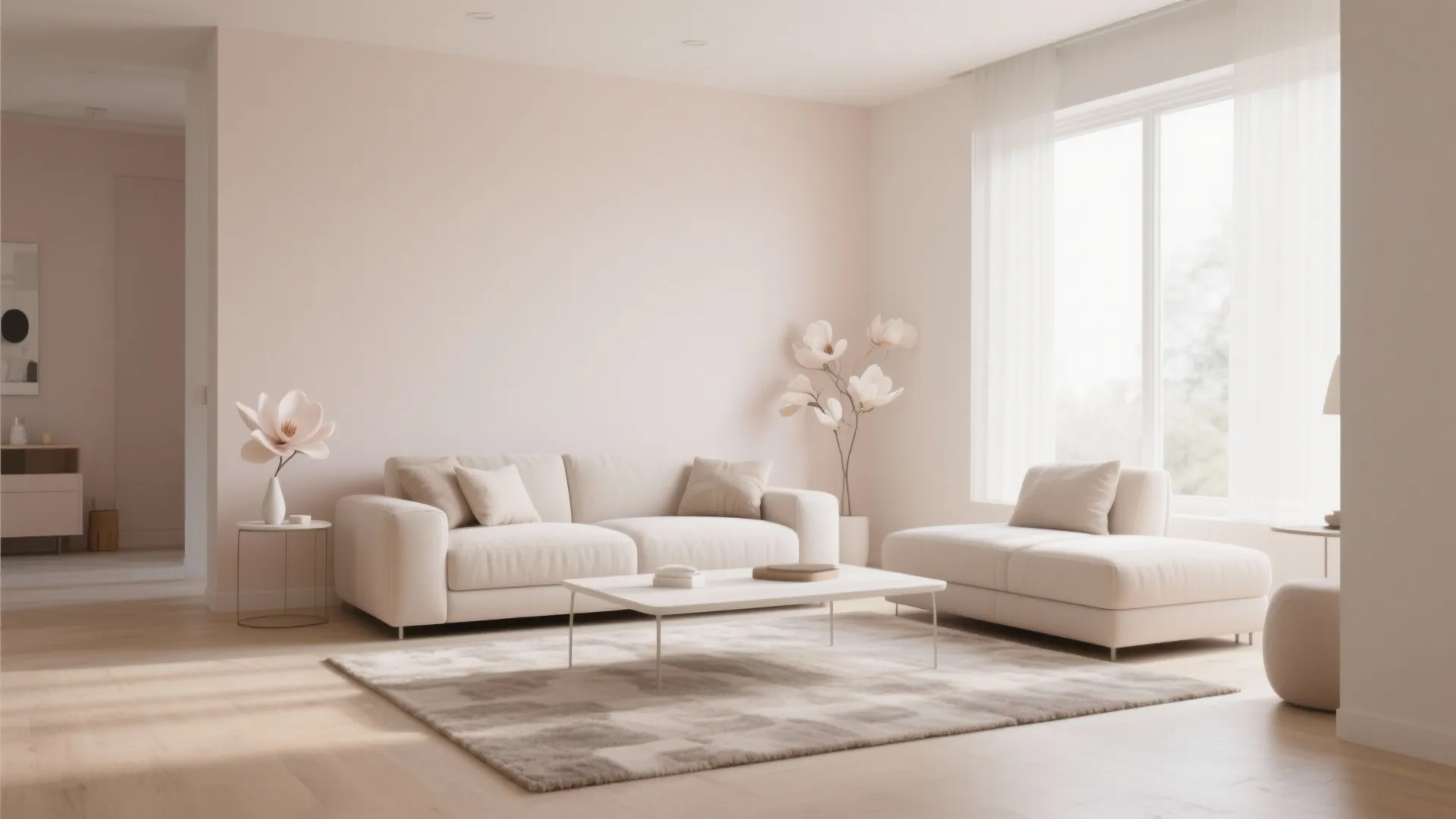 Minimalist magnolia palette living room with modern clean-lined furniture