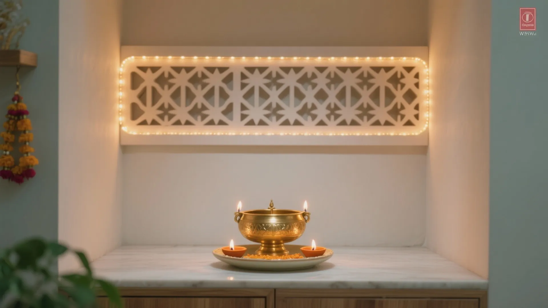 Minimalist mandir with layered lighting