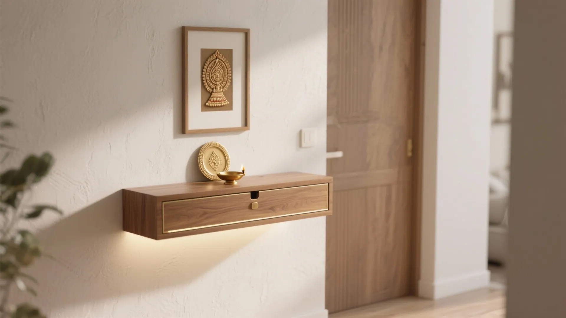 Minimalist Wall-Mounted Mandir With Hidden Storage