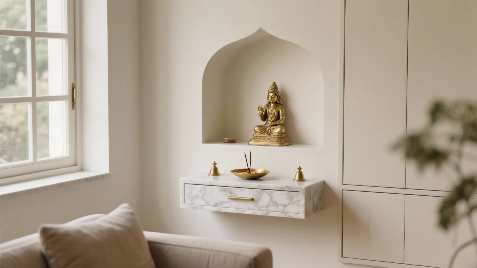1) Calm Minimalist Mandir Niche