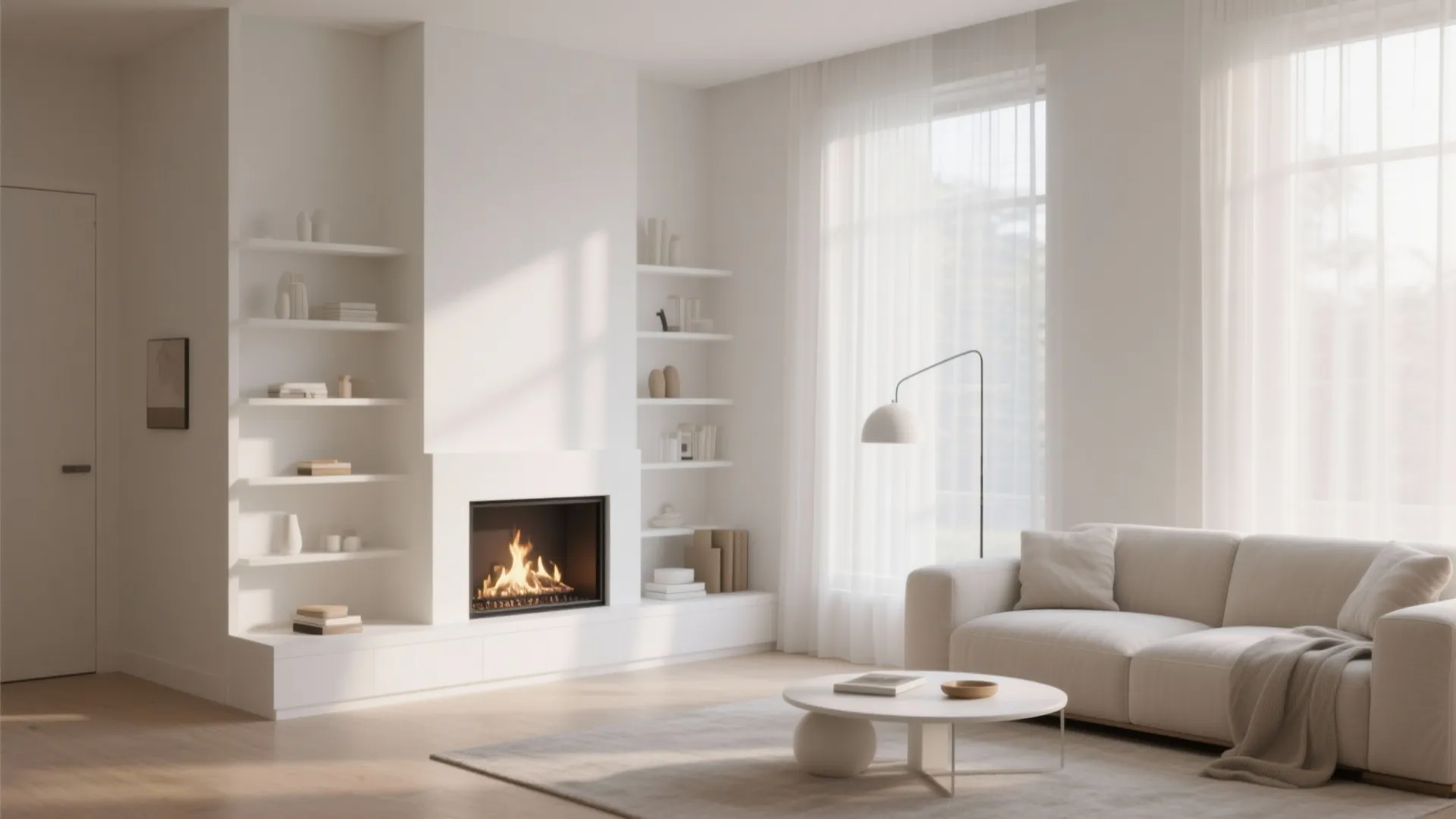 1. Minimalist White Mantel with Built-in Storage