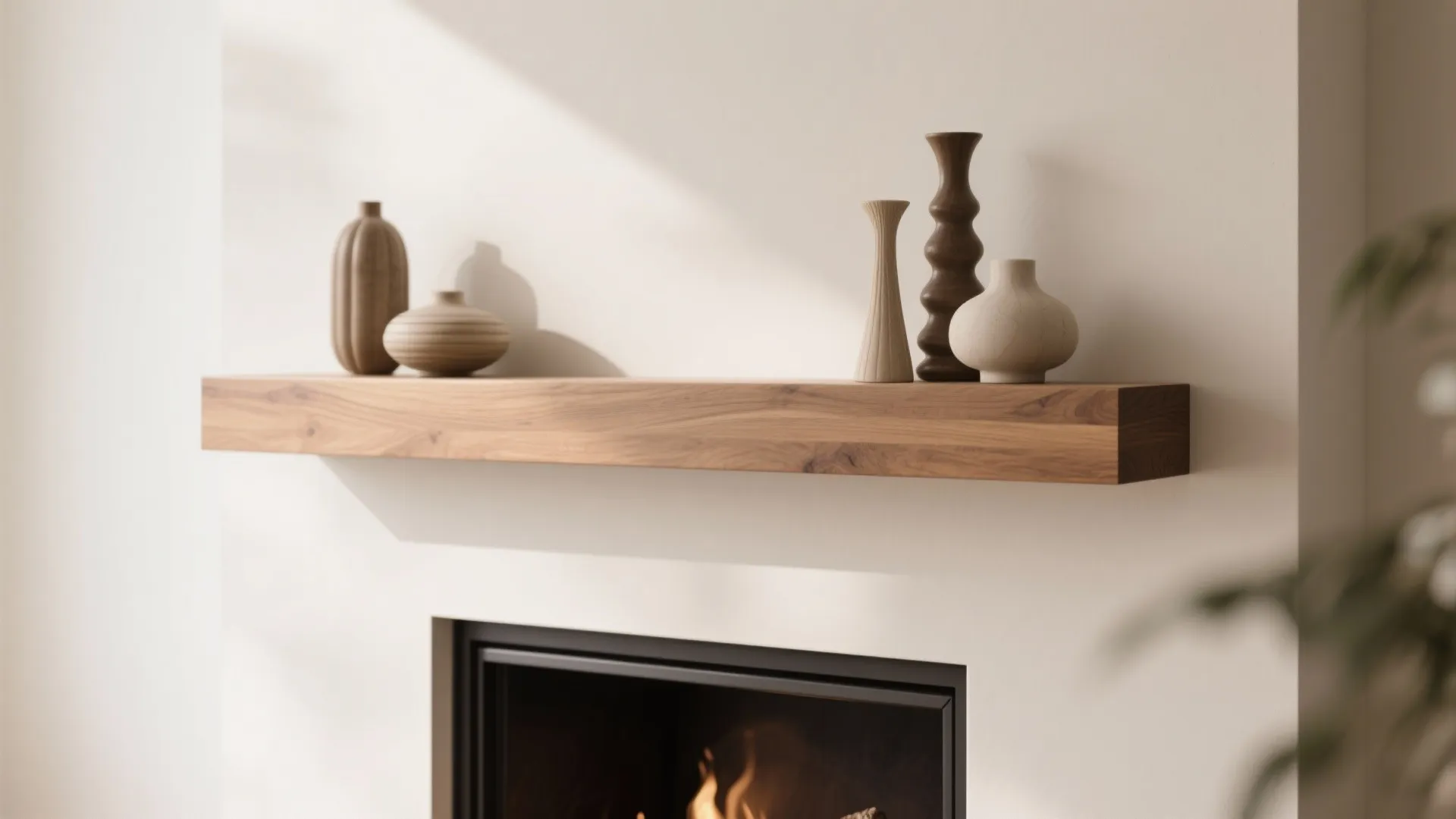 Wooden shelf above white fireplace decorated with various ceramic vases and simple brown candle holders