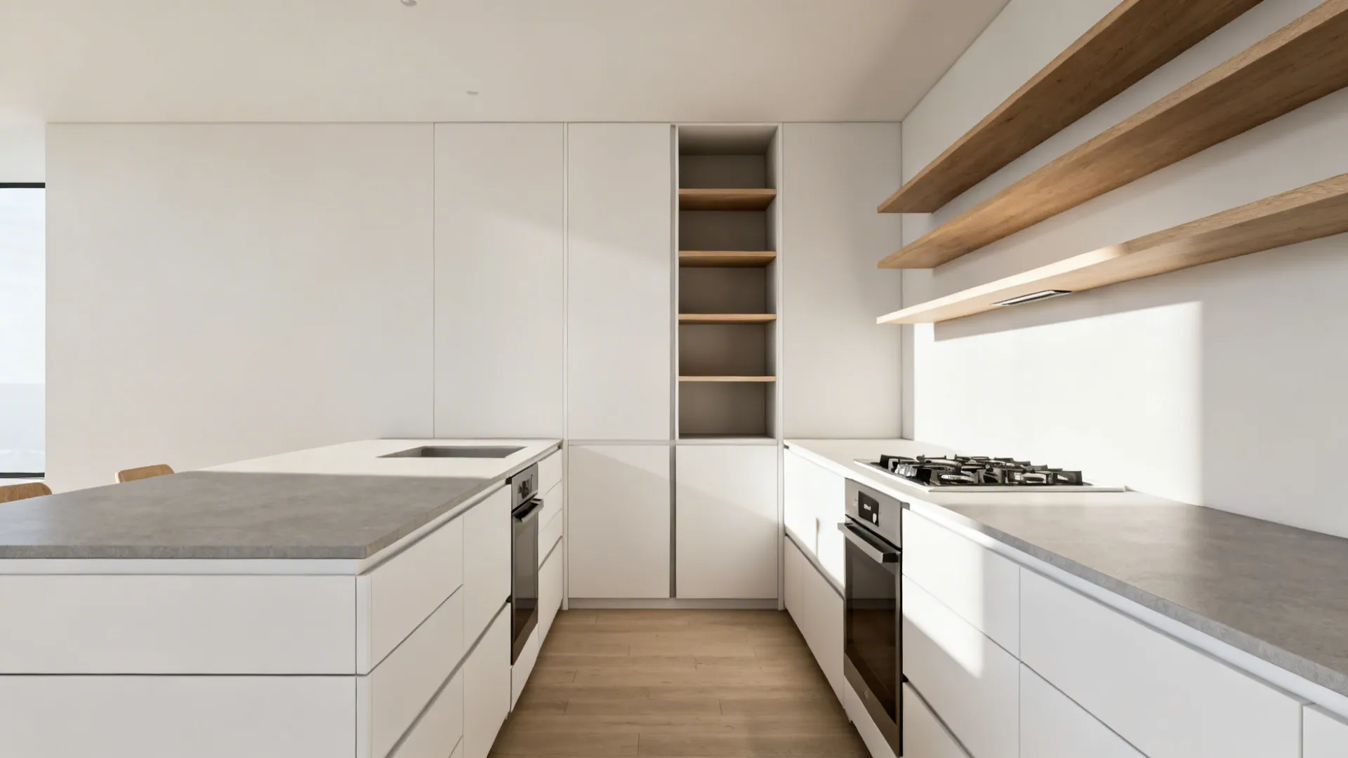 Minimalist small galley kitchen with white drawer bases, a slim pantry, and open shelves with clear 36-inch walkway.