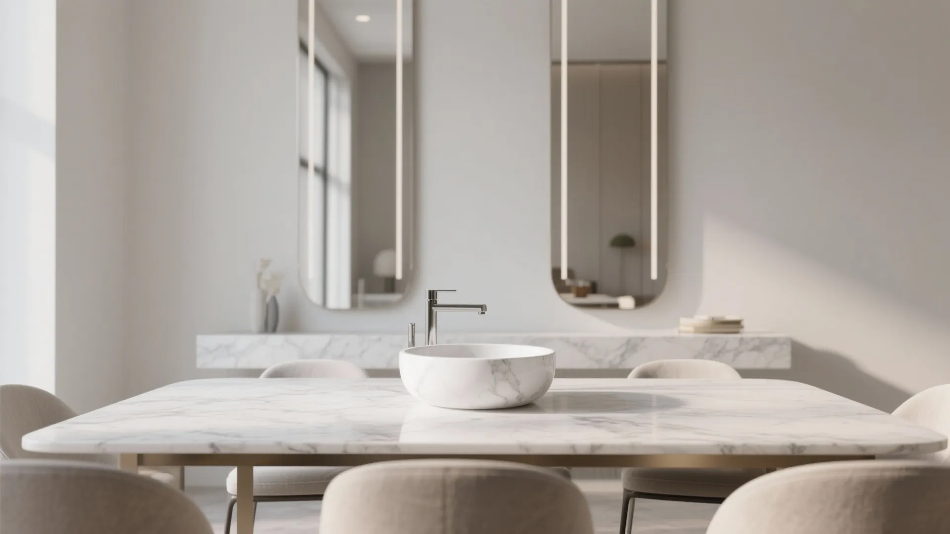 Minimalist marble wash basin with sleek lines in dining space