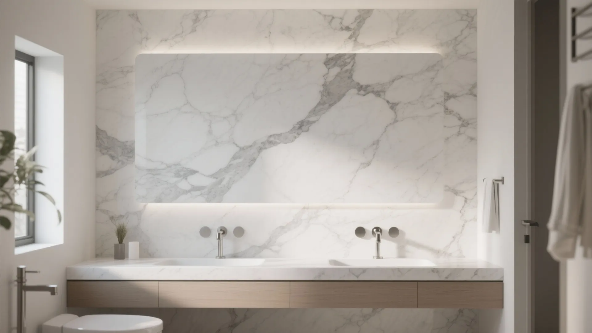 Modern bathroom with large marble wall, light mirror, double sinks, wood cabinet, and clean window