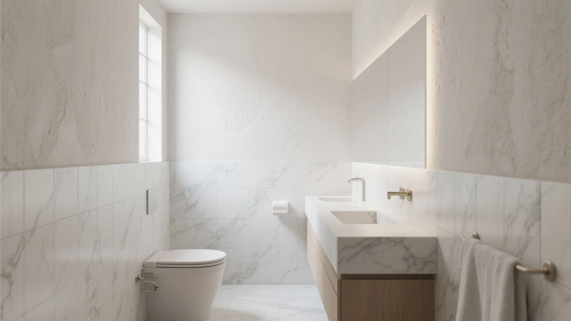 Bright minimalist bathroom with white marble wall tiles wooden cabinet large mirror and white toilet