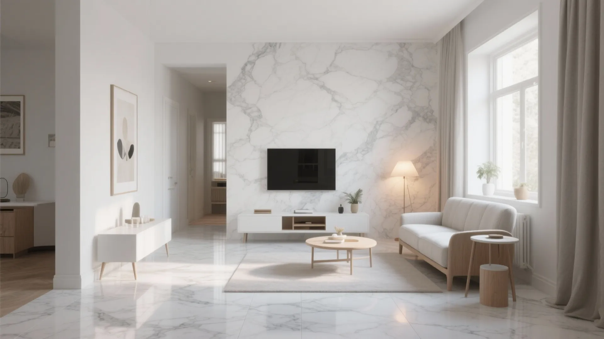 Minimalist living room with marble wall mounted TV white sofa wood coffee table and curtains