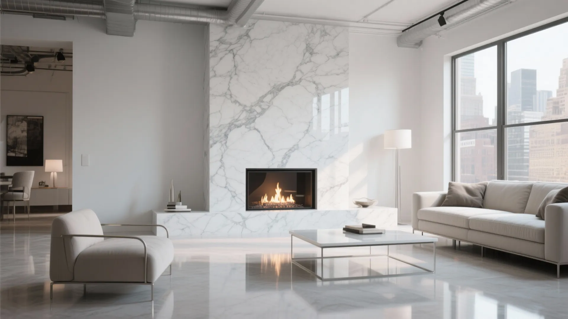 Minimalist living room with white marble fireplace and a leather sofa with large city windows